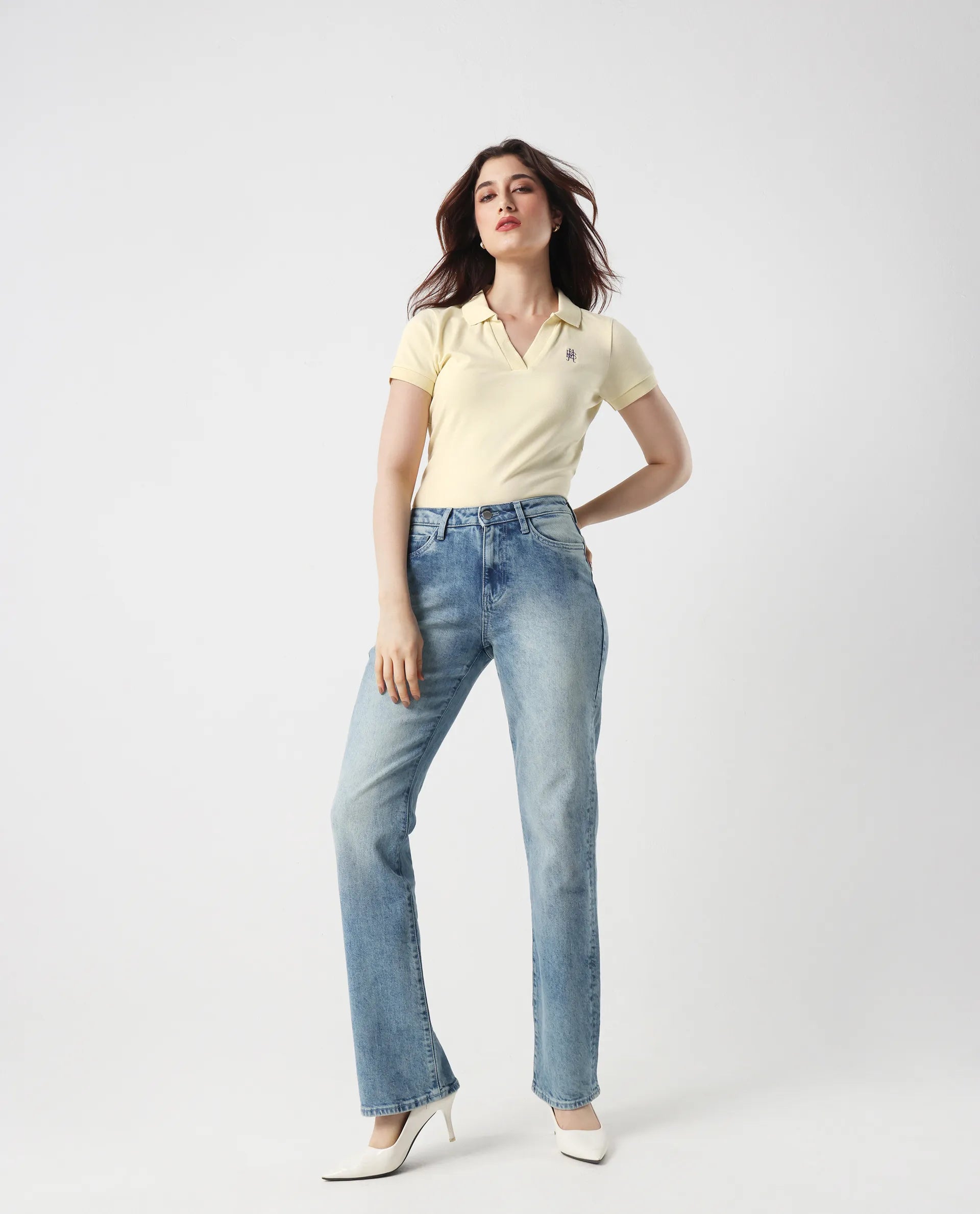 Rareism Women's Van Light Yellow Cotton Blend Polo Neck Plain Regular Fit Polo