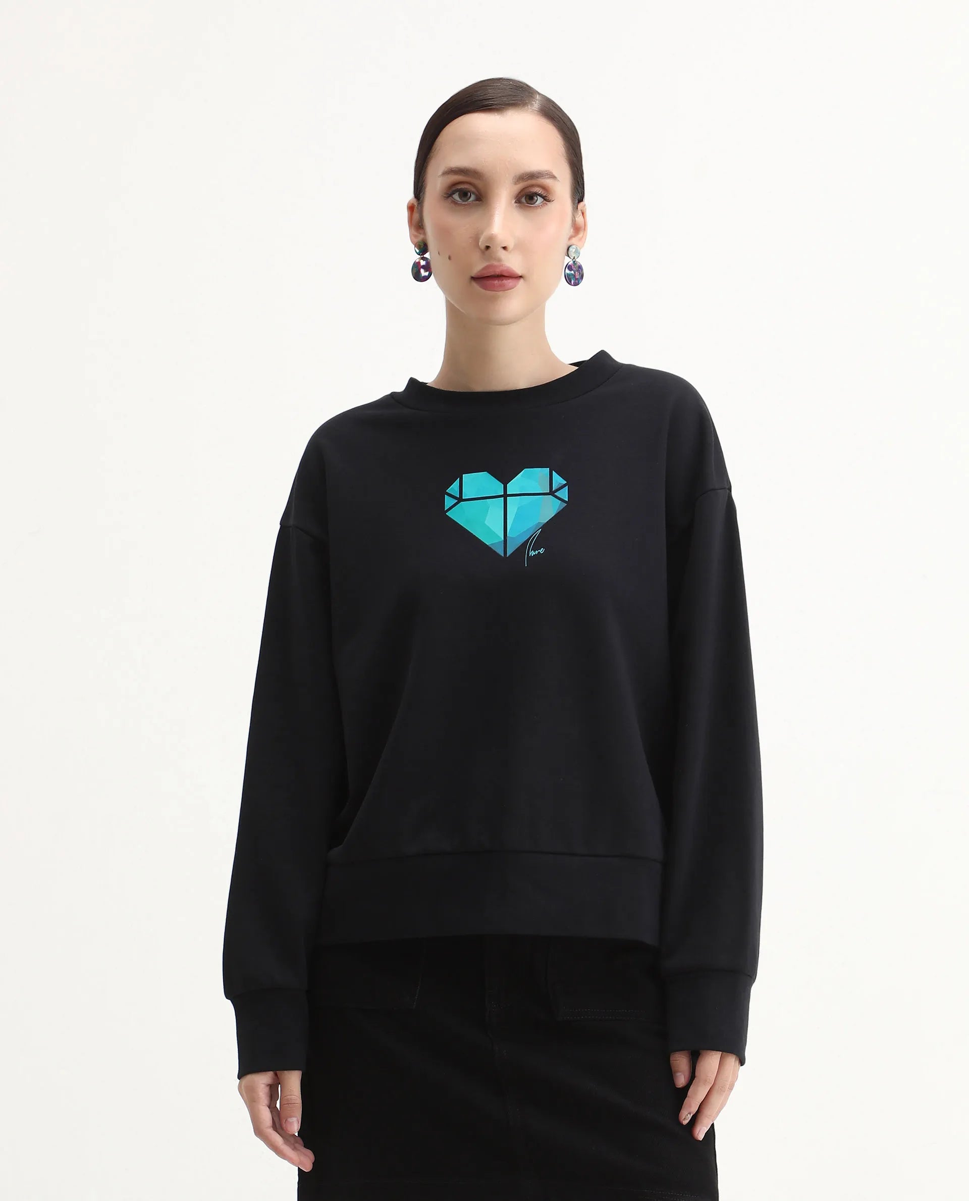 Rareism Women's Vaq Black Cotton Blend Fabric Crew Neck Relaxed Fit Graphic Print Sweatshirt