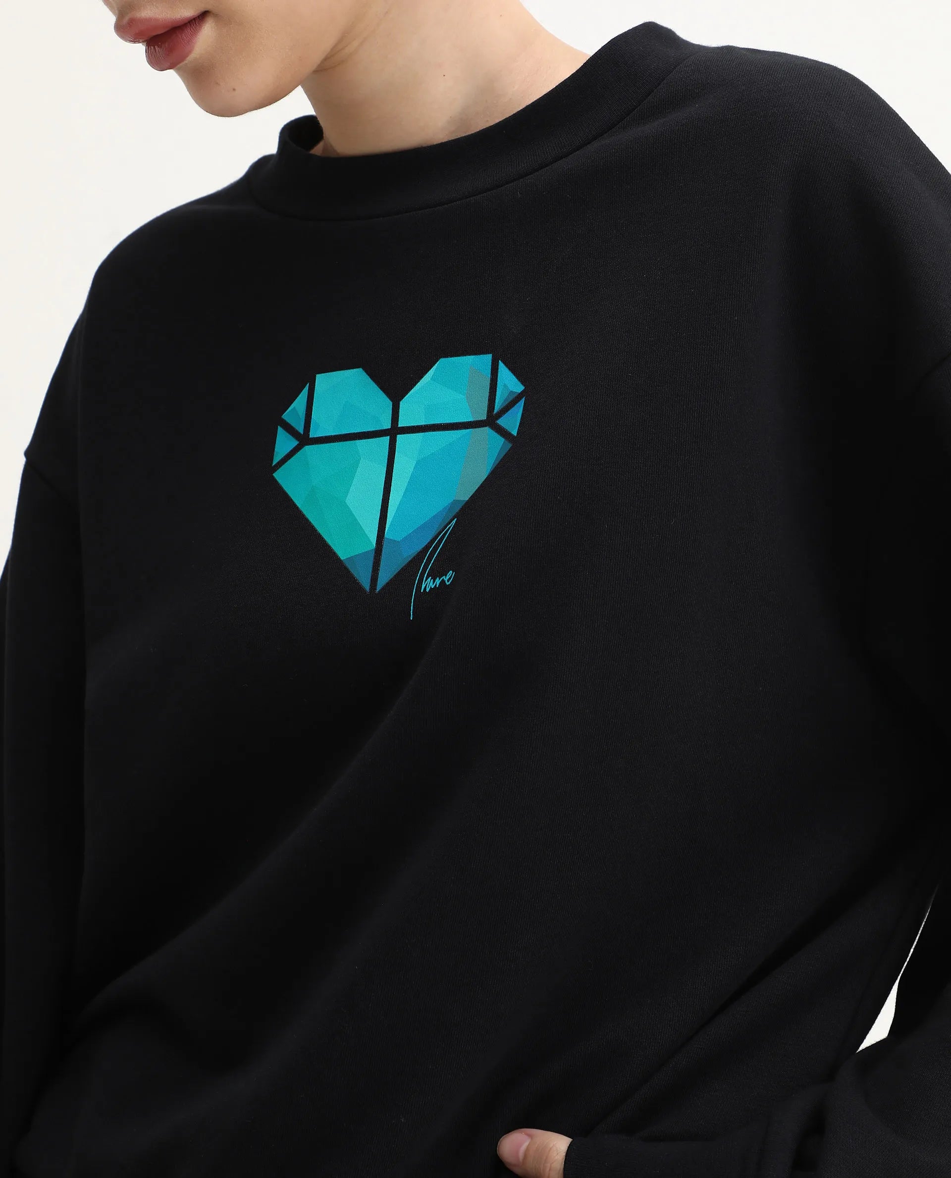 Rareism Women's Vaq Black Cotton Blend Fabric Crew Neck Relaxed Fit Graphic Print Sweatshirt