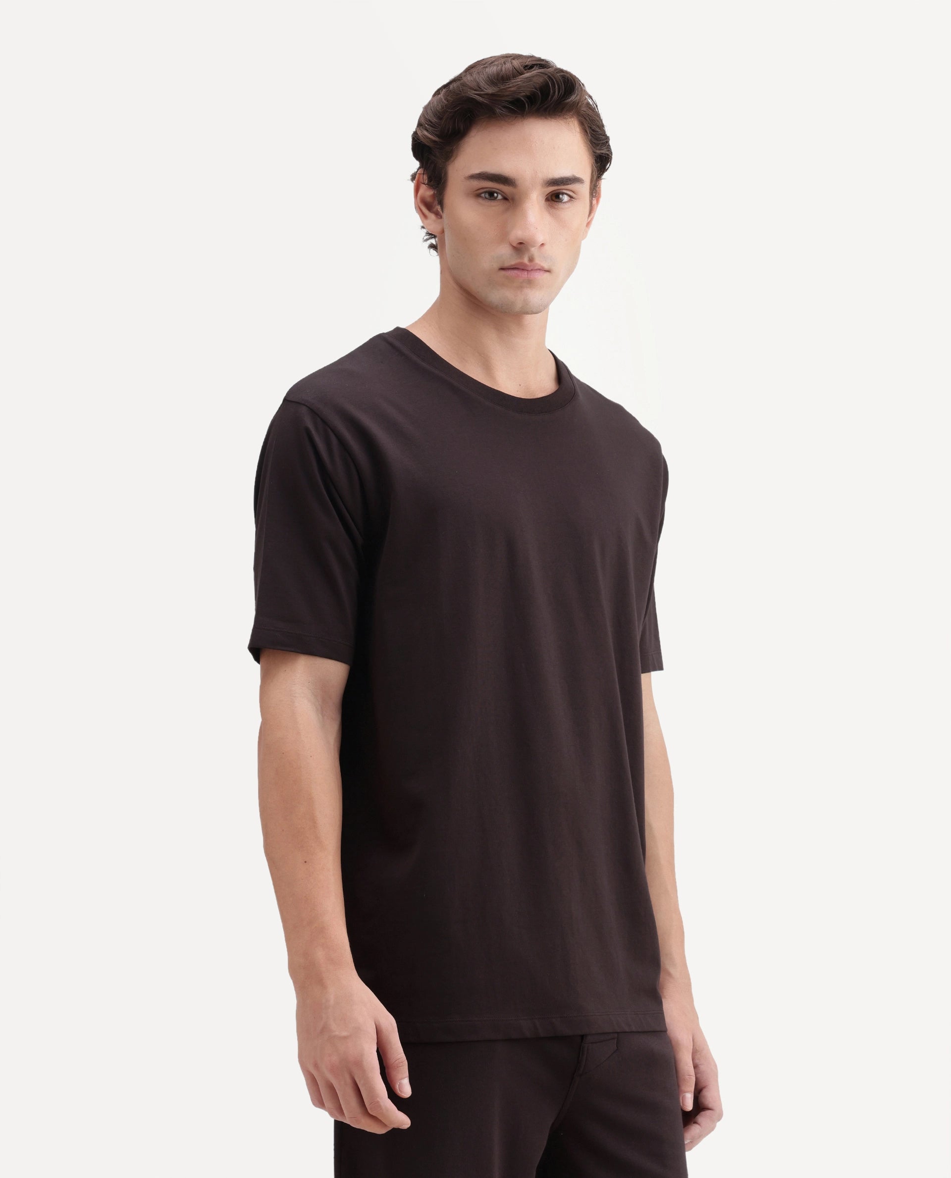 Rare Rabbit Men's Vaux Dark Brown Cotton Modal Spandex Fabric Half Sleeve Regular Fit Plain T-Shirt