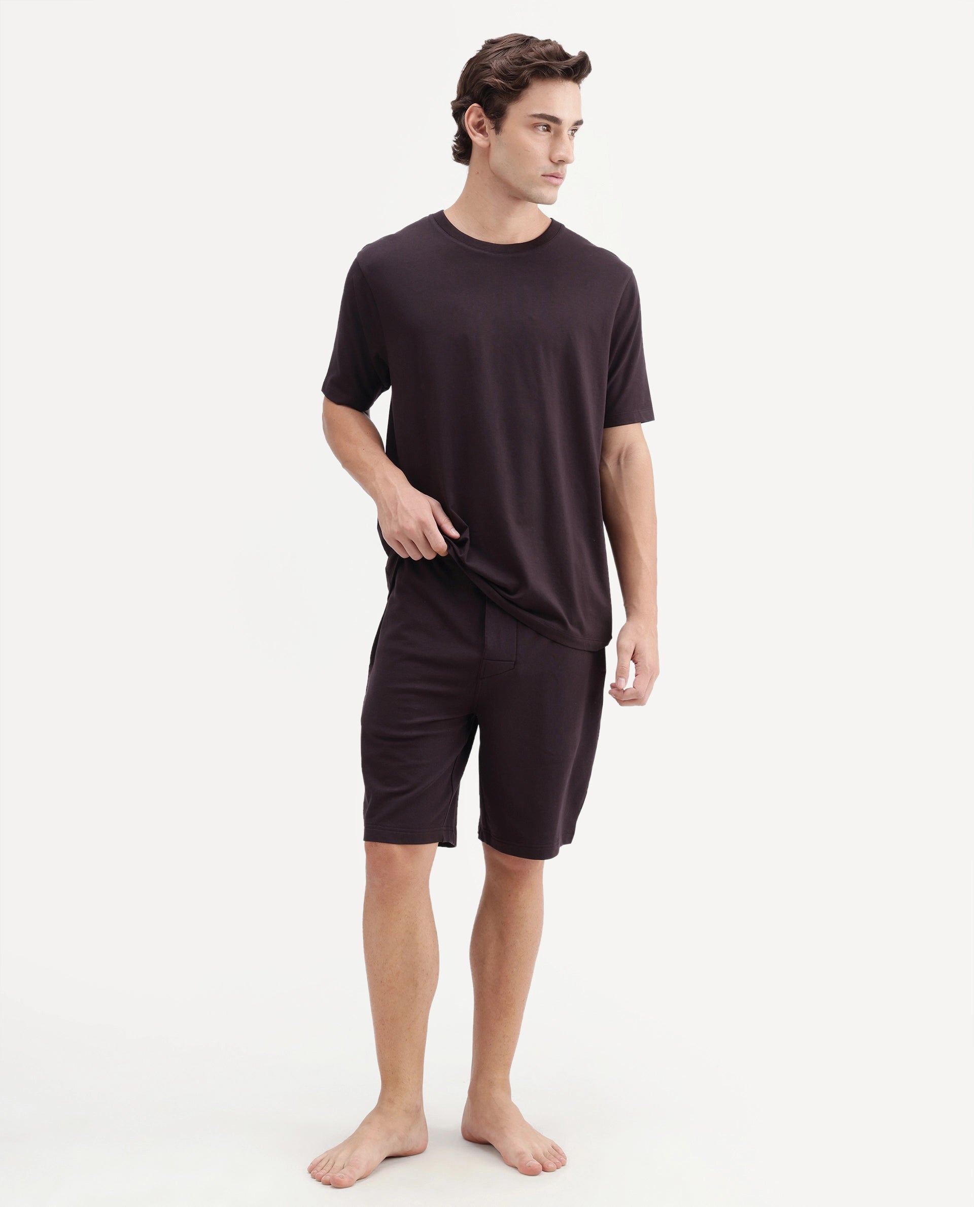 Rare Rabbit Men's Vaux Dark Brown Cotton Modal Spandex Fabric Half Sleeve Regular Fit Plain T-Shirt