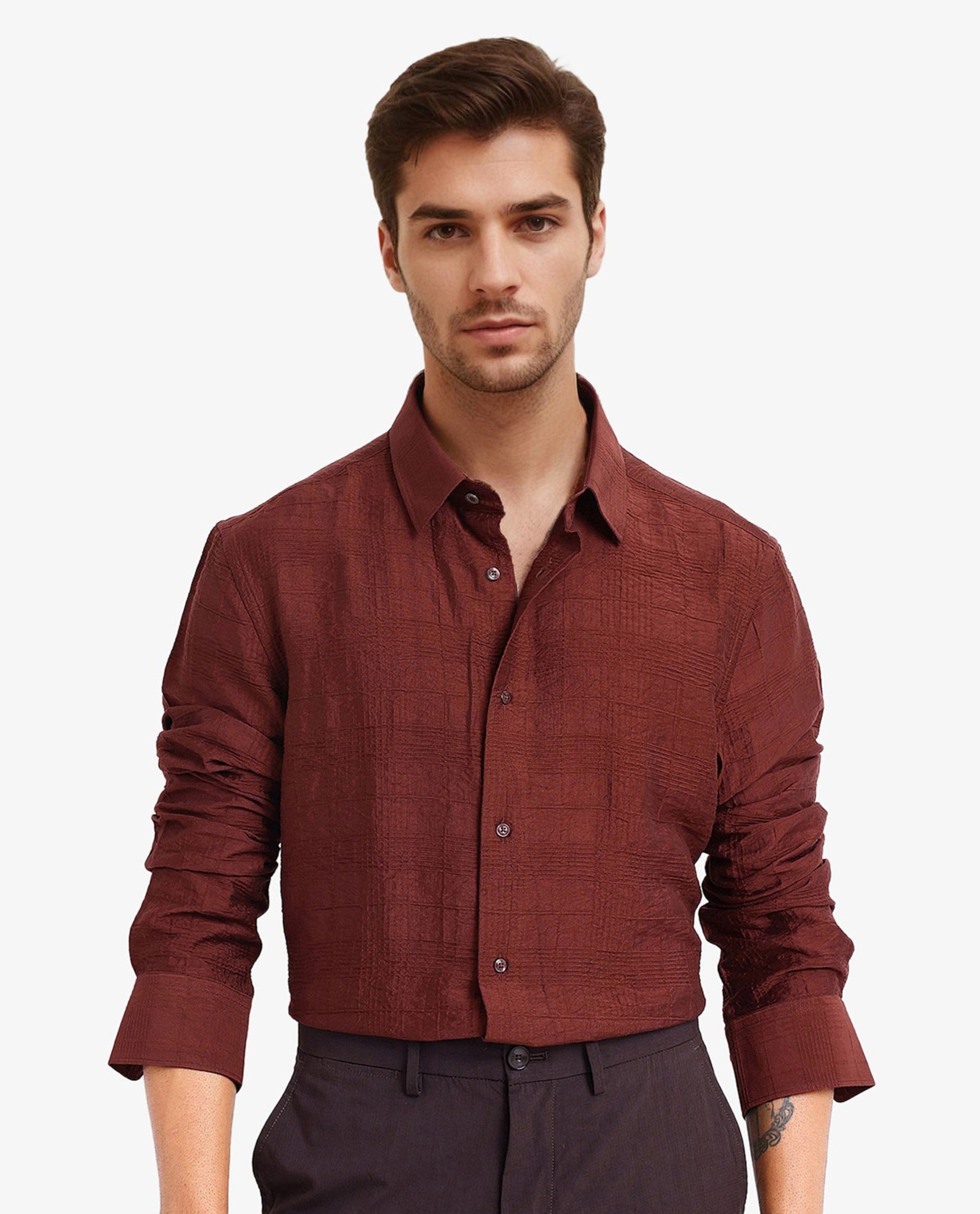 Rare Rabbit Men Vaxon Rust Viscose Nylon Fabric Full Sleeve Regular Fit Self Dobby Check Shirt