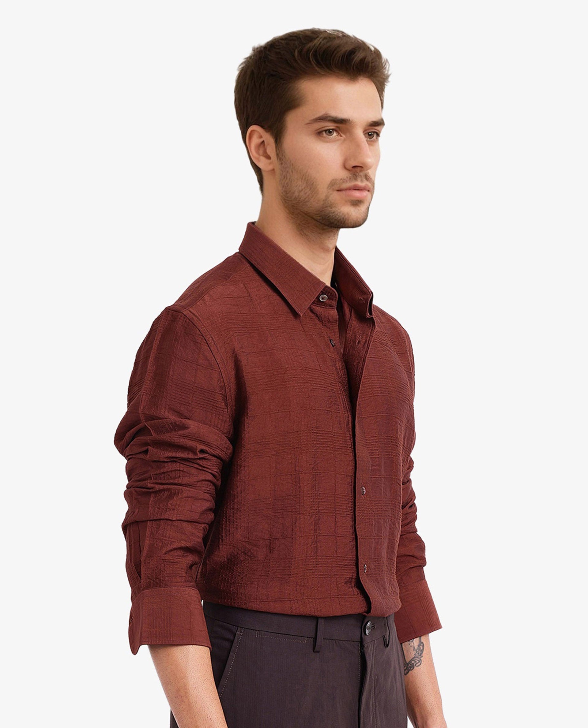 Rare Rabbit Men Vaxon Rust Viscose Nylon Fabric Full Sleeve Regular Fit Self Dobby Check Shirt