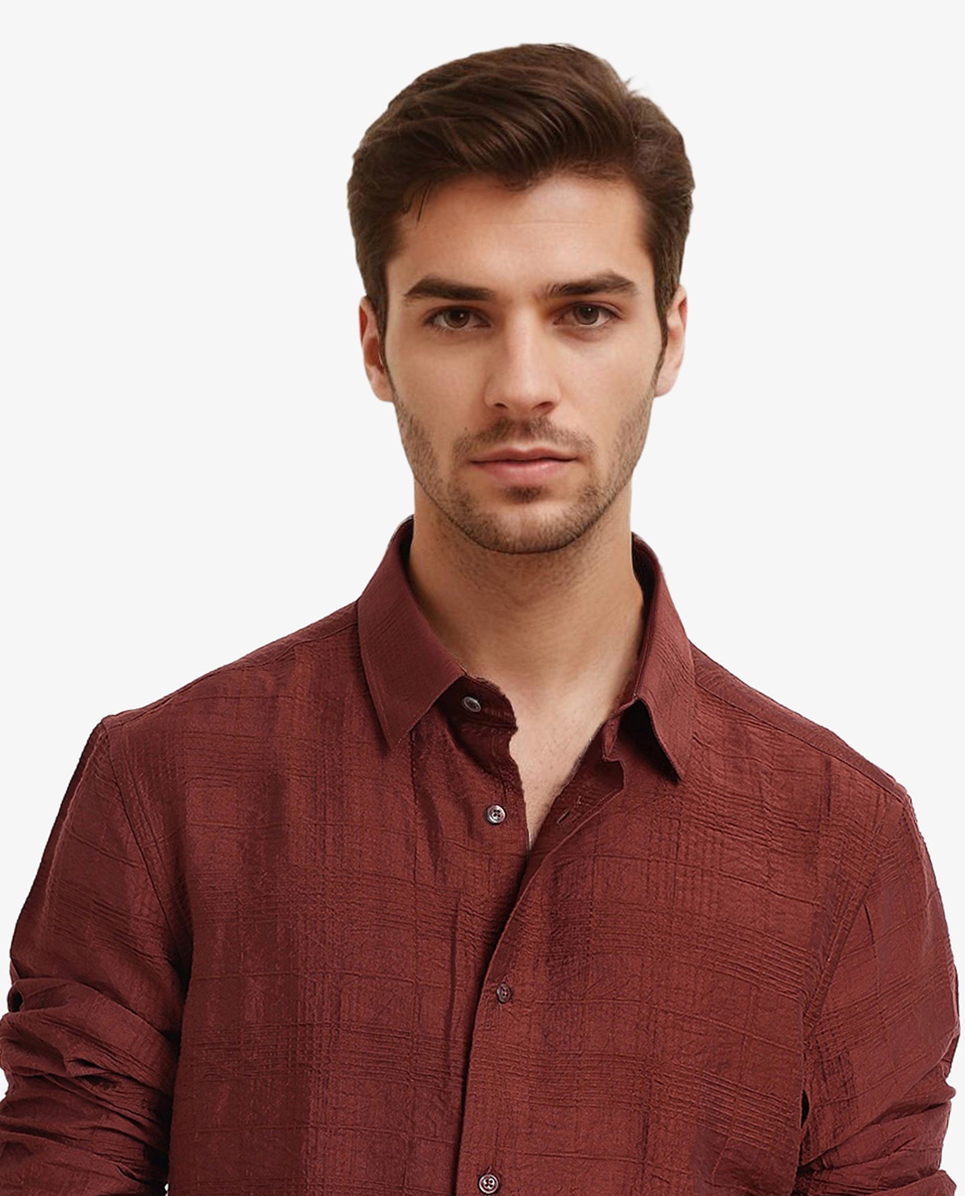 Rare Rabbit Men Vaxon Rust Viscose Nylon Fabric Full Sleeve Regular Fit Self Dobby Check Shirt