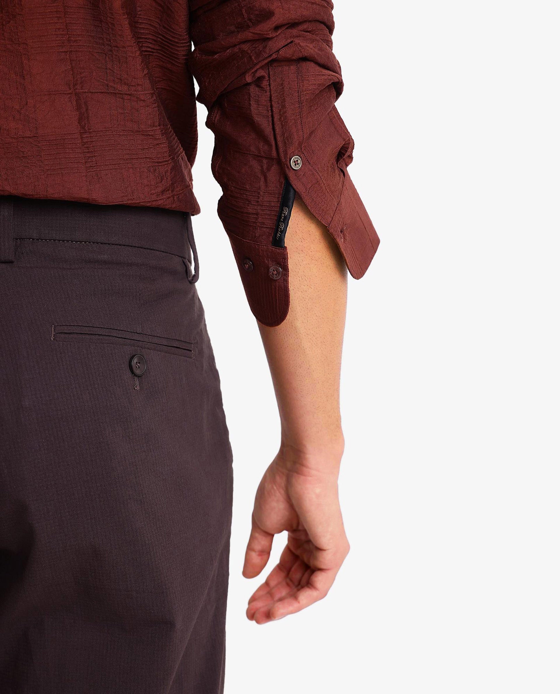 Rare Rabbit Men Vaxon Rust Viscose Nylon Fabric Full Sleeve Regular Fit Self Dobby Check Shirt