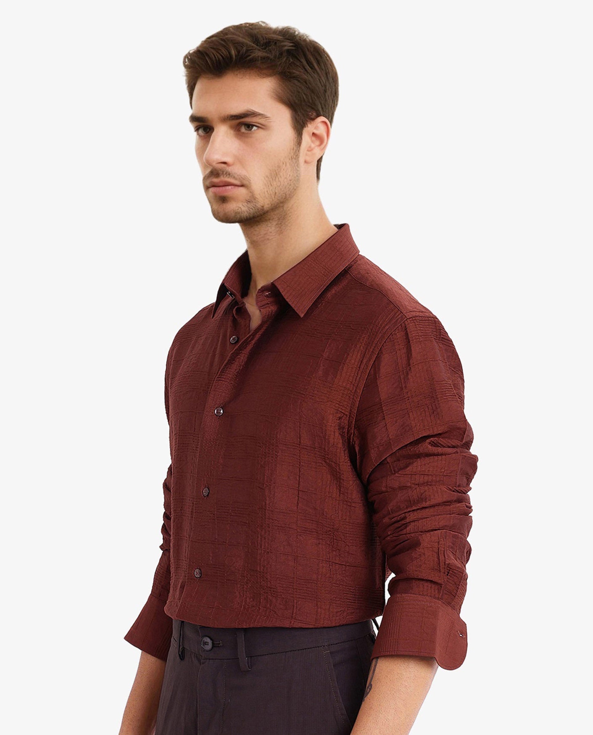 Rare Rabbit Men Vaxon Rust Viscose Nylon Fabric Full Sleeve Regular Fit Self Dobby Check Shirt