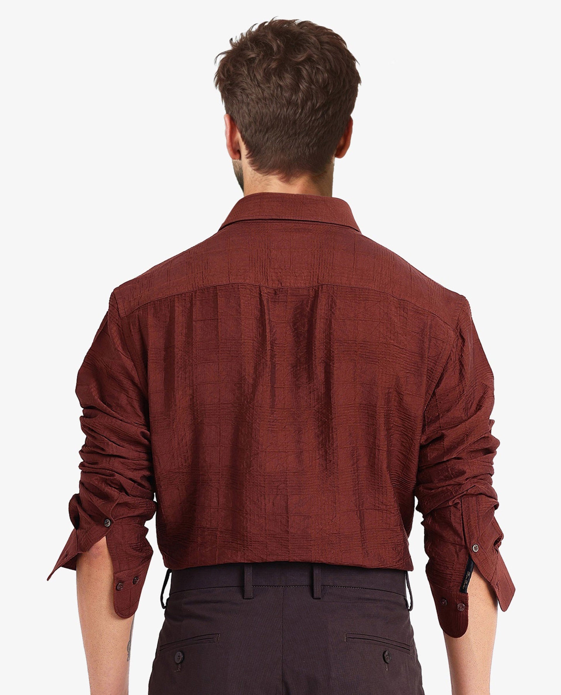 Rare Rabbit Men Vaxon Rust Viscose Nylon Fabric Full Sleeve Regular Fit Self Dobby Check Shirt