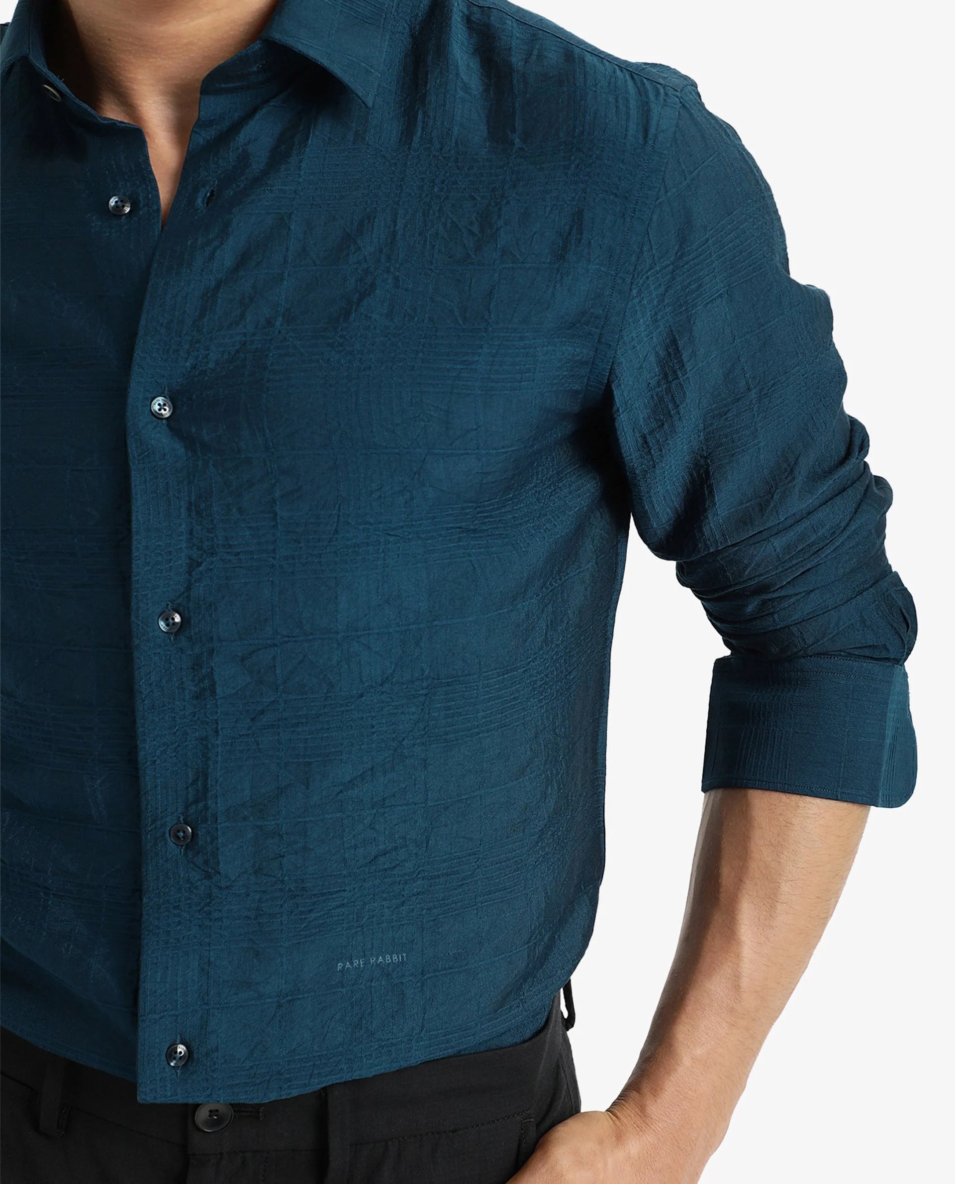 Rare Rabbit Men Vaxon Teal Viscose Nylon Fabric Full Sleeve Regular Fit Self Dobby Check Shirt