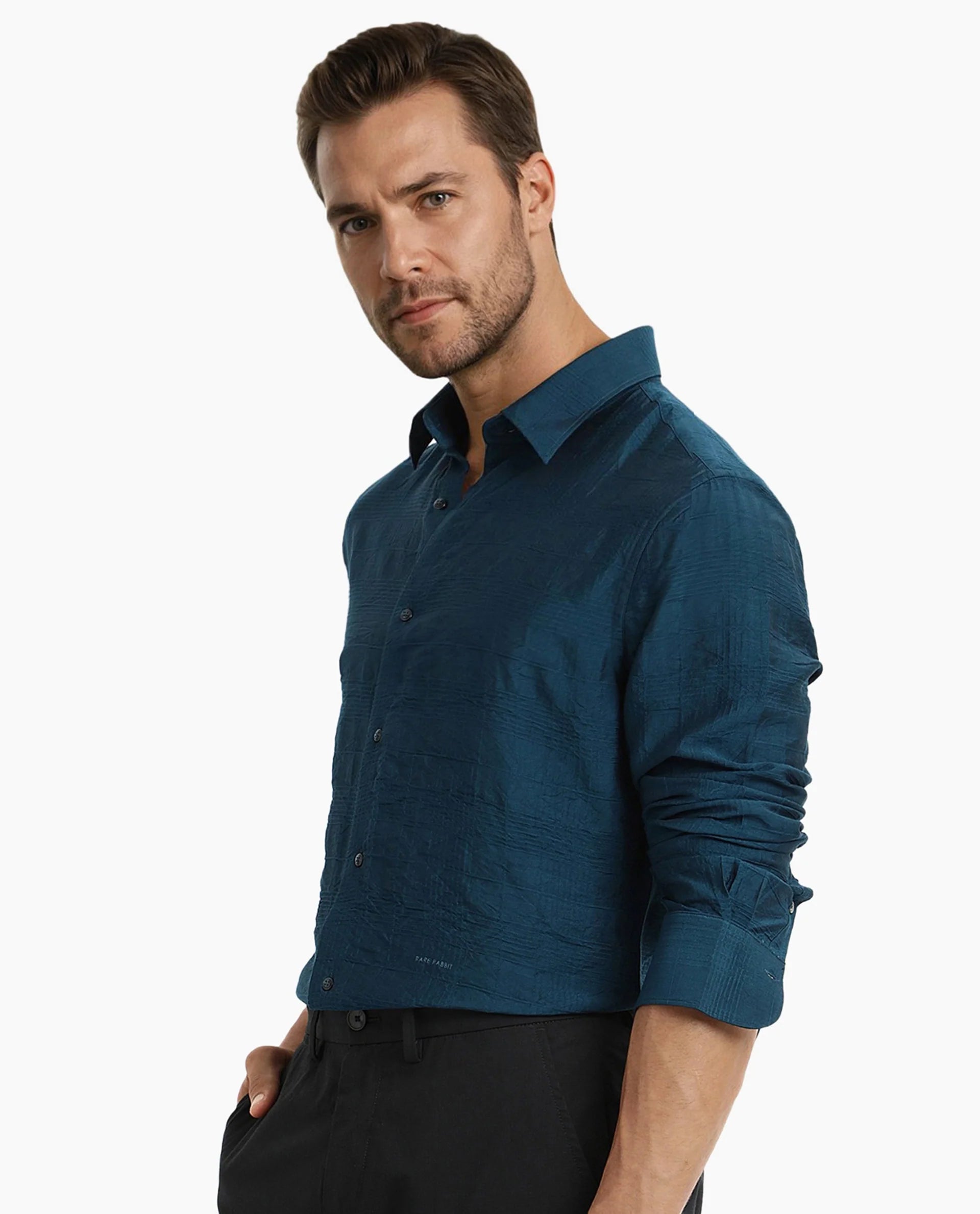 Rare Rabbit Men Vaxon Teal Viscose Nylon Fabric Full Sleeve Regular Fit Self Dobby Check Shirt