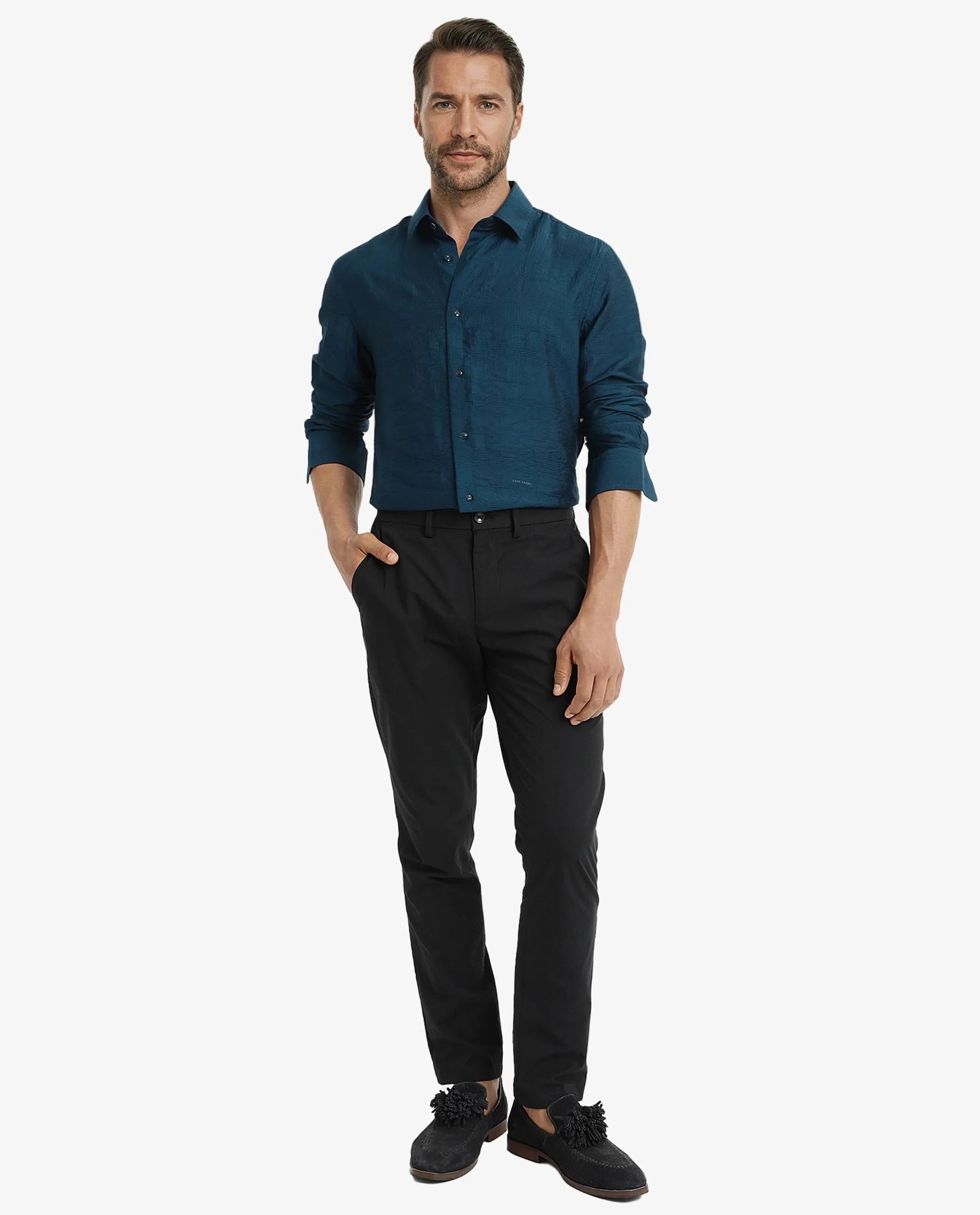 Rare Rabbit Men Vaxon Teal Viscose Nylon Fabric Full Sleeve Regular Fit Self Dobby Check Shirt