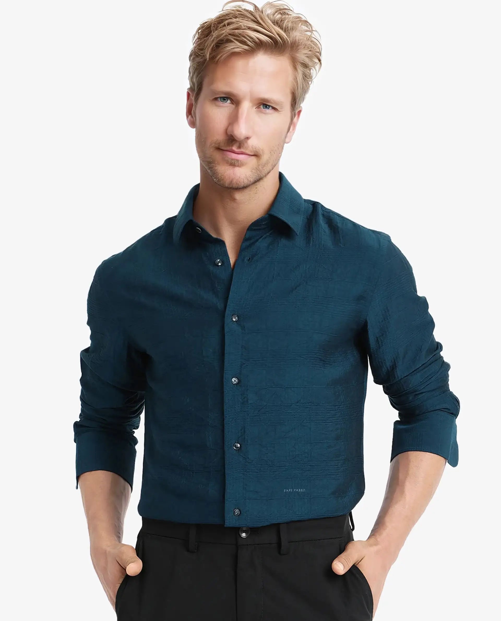 Rare Rabbit Men Vaxon Teal Viscose Nylon Fabric Full Sleeve Regular Fit Self Dobby Check Shirt