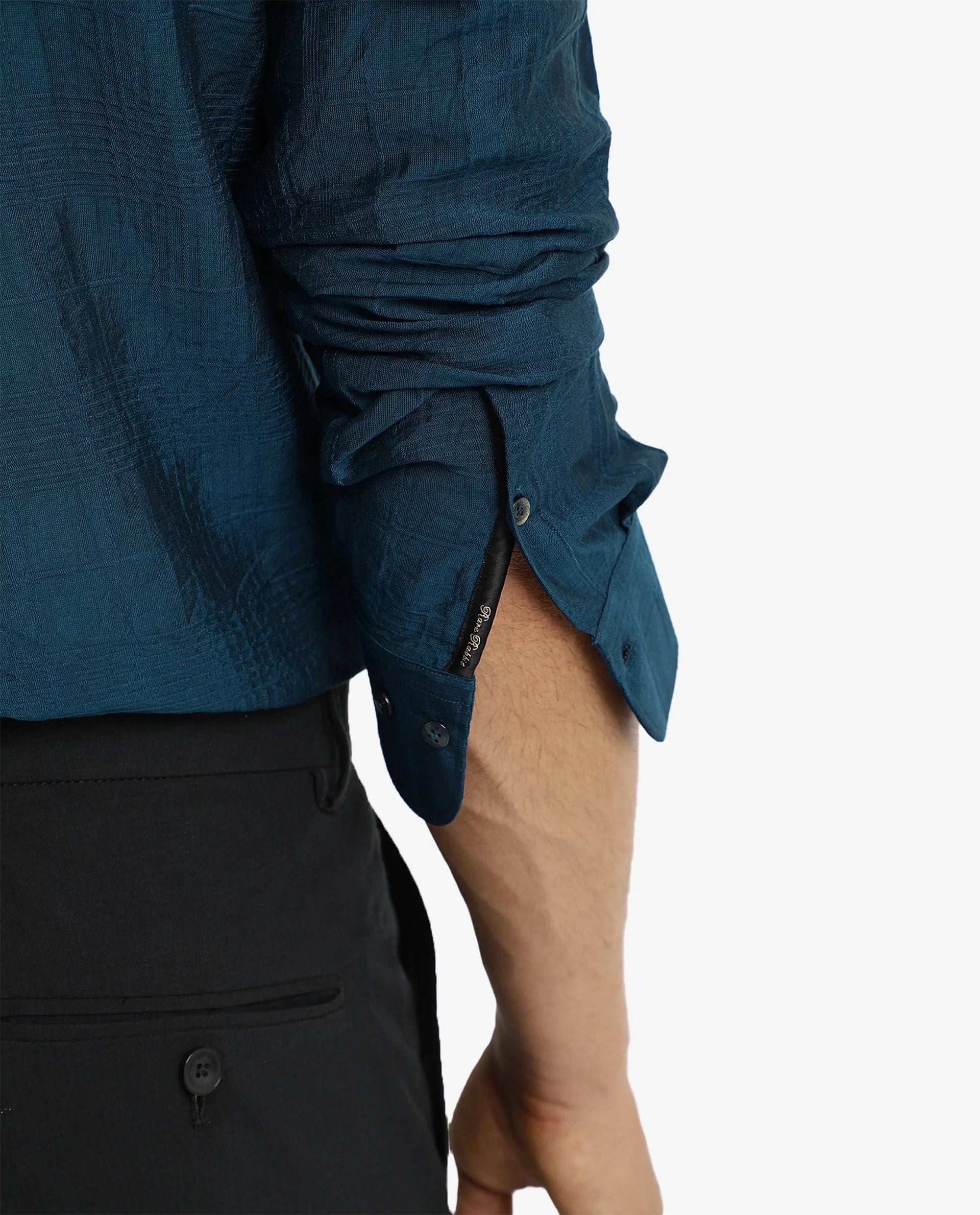 Rare Rabbit Men Vaxon Teal Viscose Nylon Fabric Full Sleeve Regular Fit Self Dobby Check Shirt