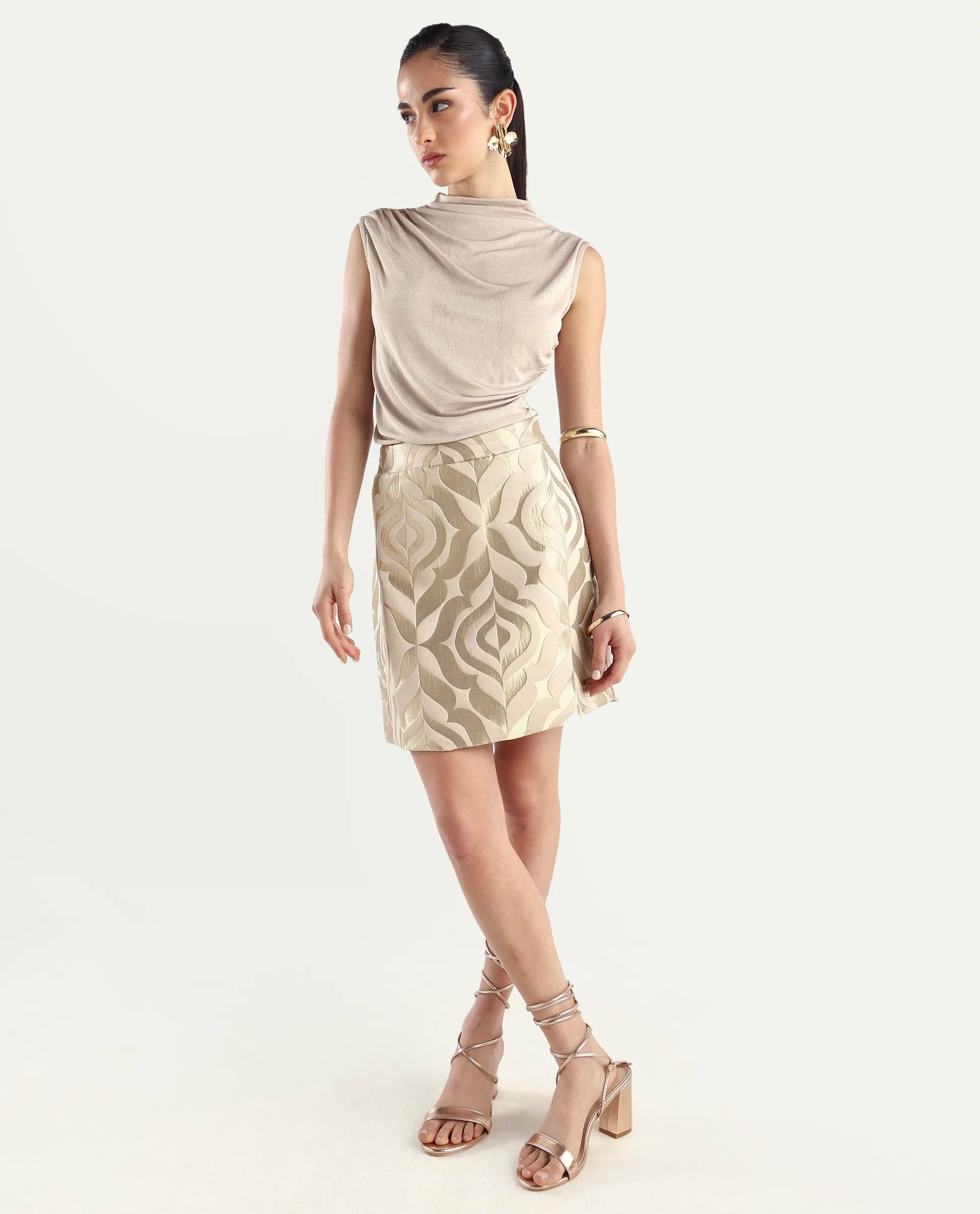 Rareism Women's Vegor B Metallic Gold Polyester Blend Jacquard Mini Regular Fit Skirt