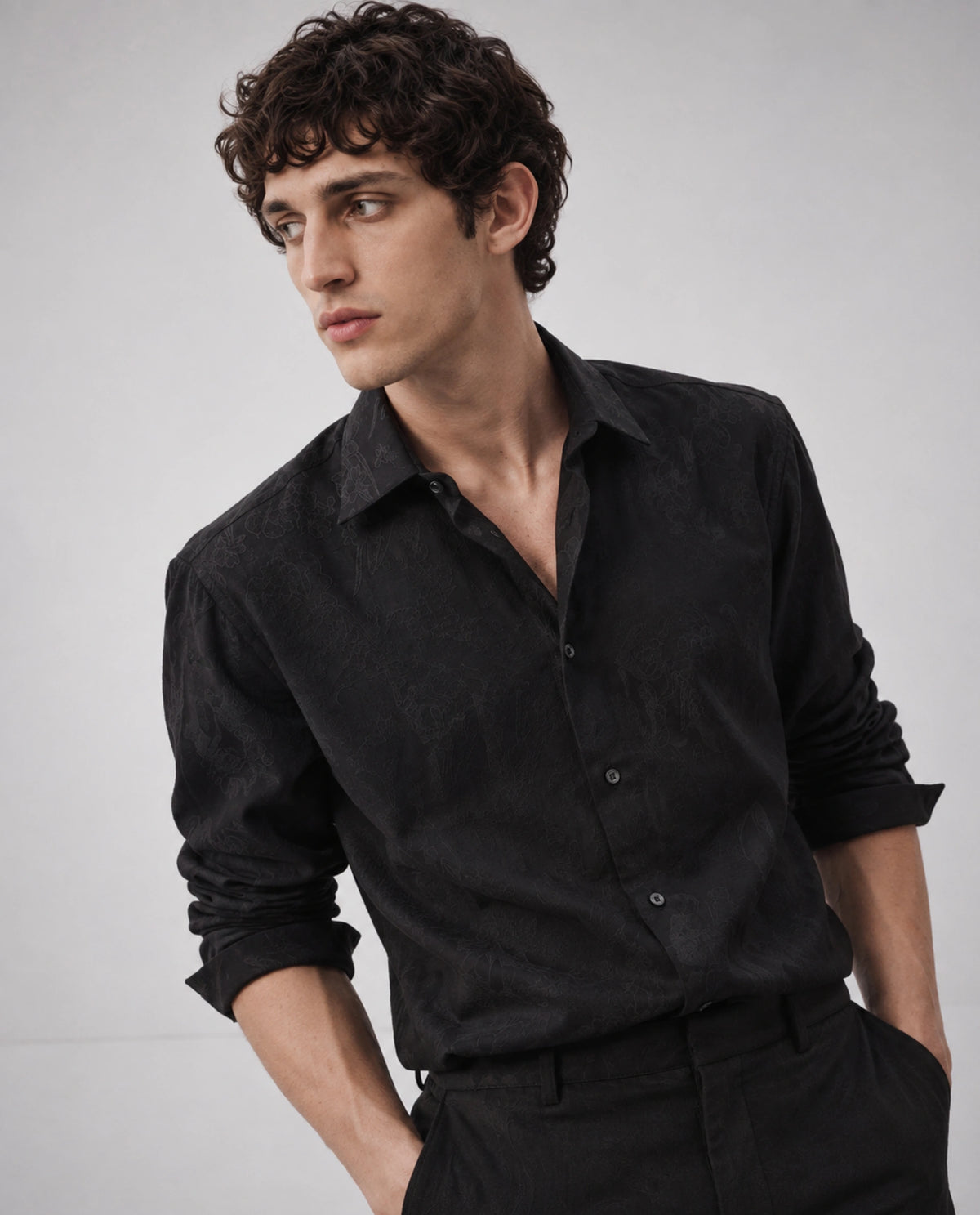 Rare Rabbit Men's Vel Black Polyester Blend Button Regular Fit Jacquard Shirt