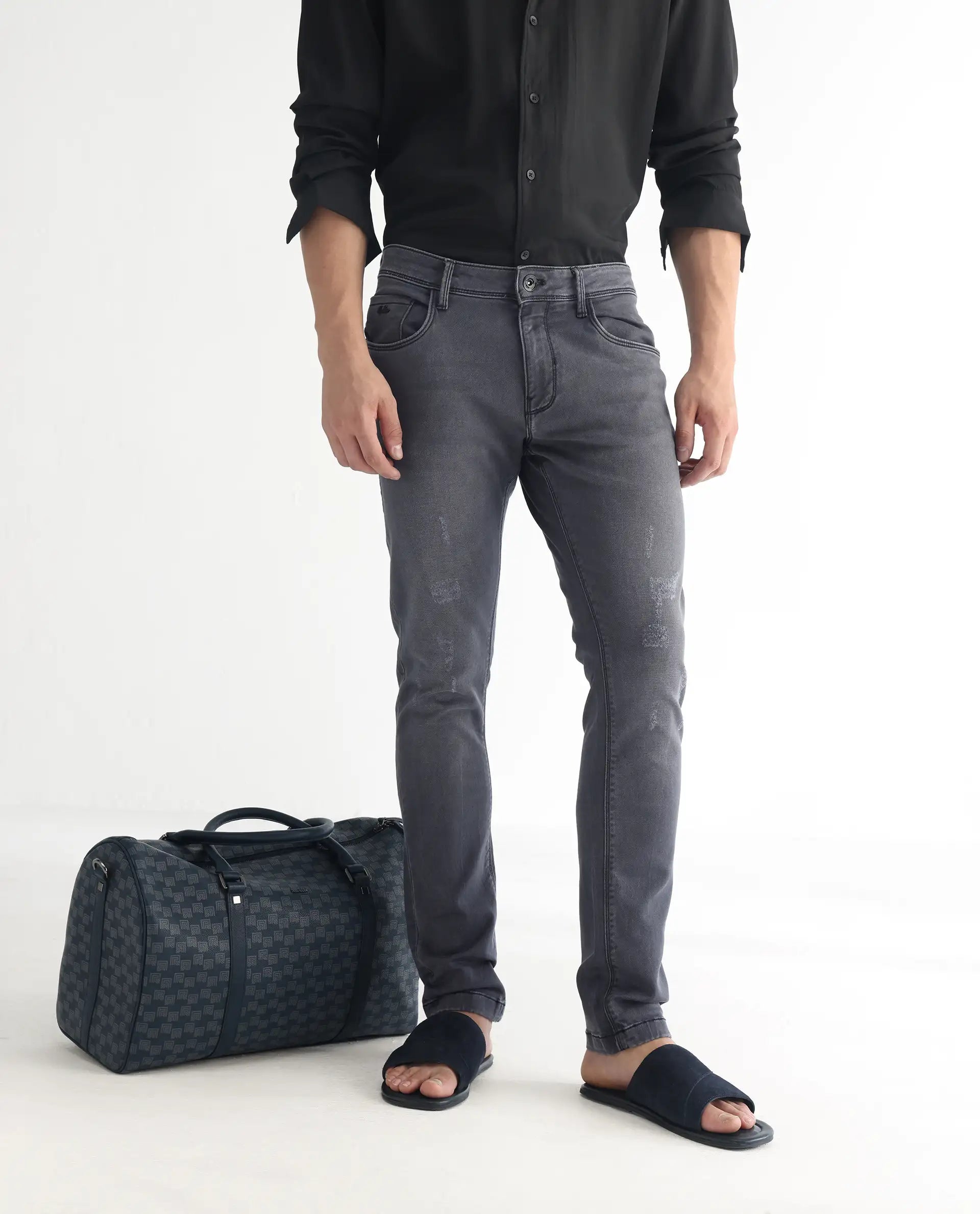 Rare Rabbit Men's Velles Dark Grey Cotton Plain Hawk Slim Fit Jeans