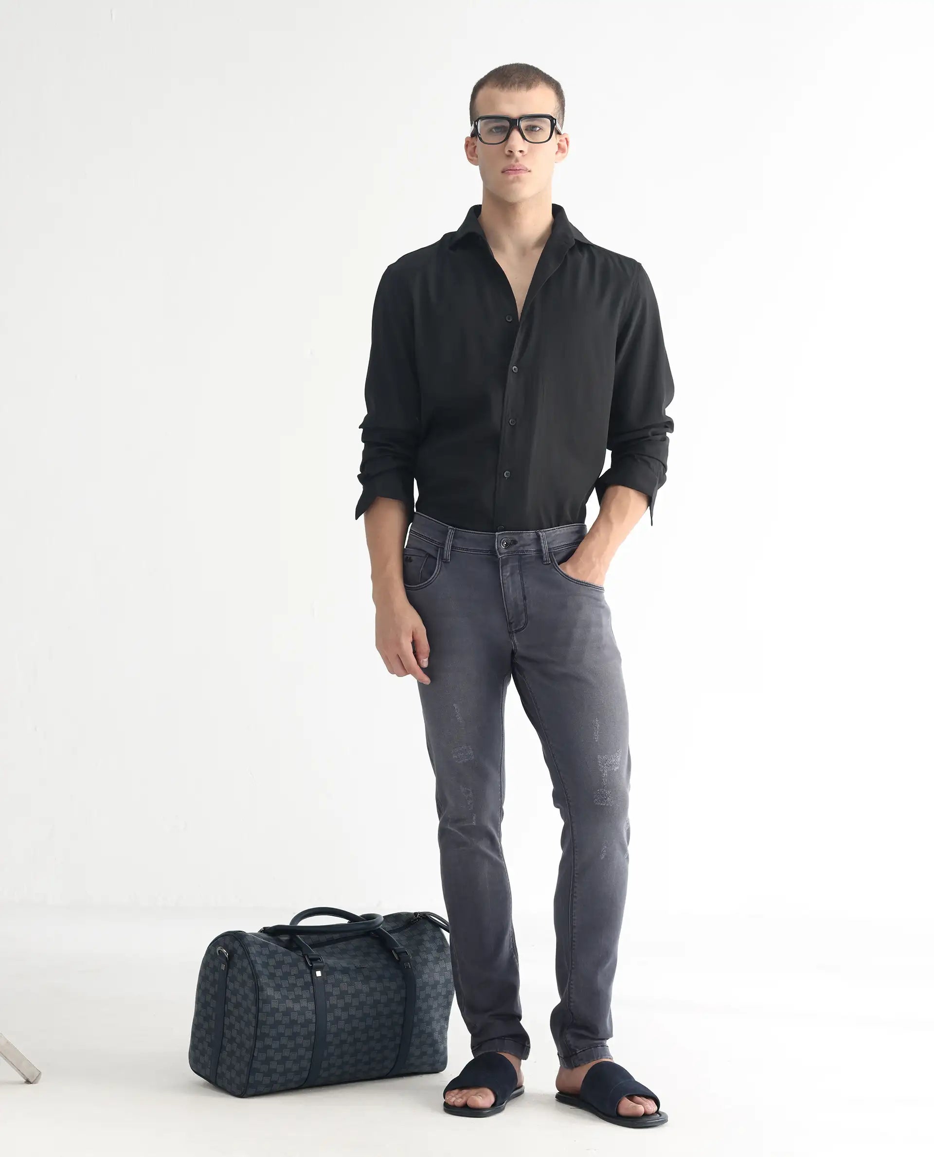 Rare Rabbit Men's Velles Dark Grey Cotton Plain Hawk Slim Fit Jeans