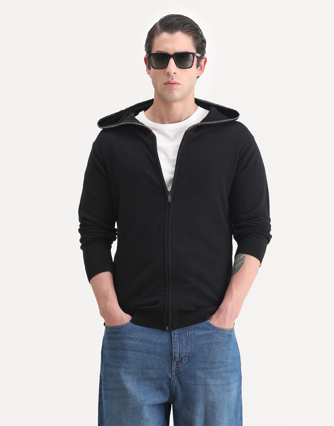 Rare Rabbit Men's Zarry Black Cotton Plain Regular Fit Full Sleeve Hooded Jacket