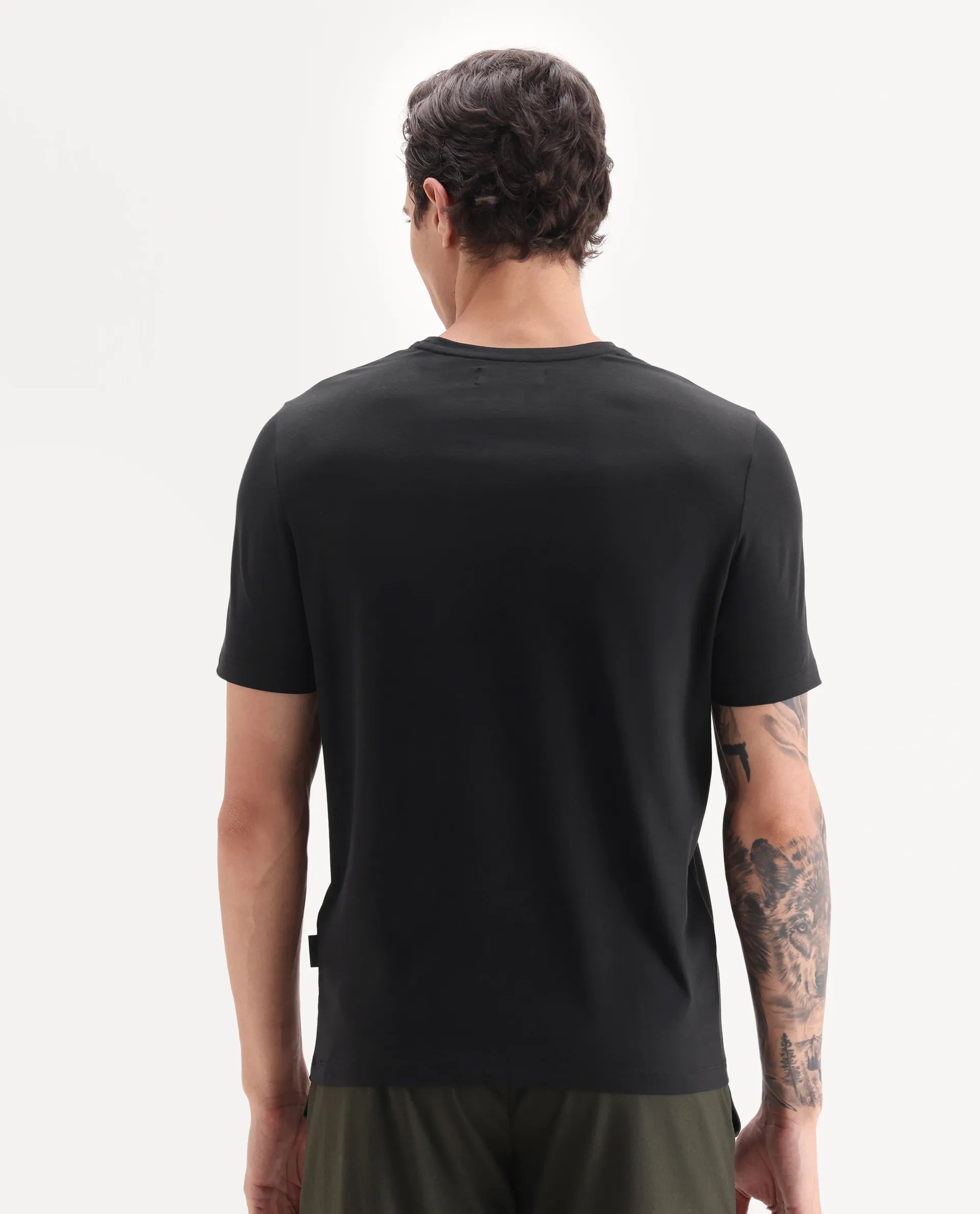 Rare Rabbit Men's Veltra Black Cotton Blend Plain Regular Fit Half Sleeve Crew Neck T-Shirt