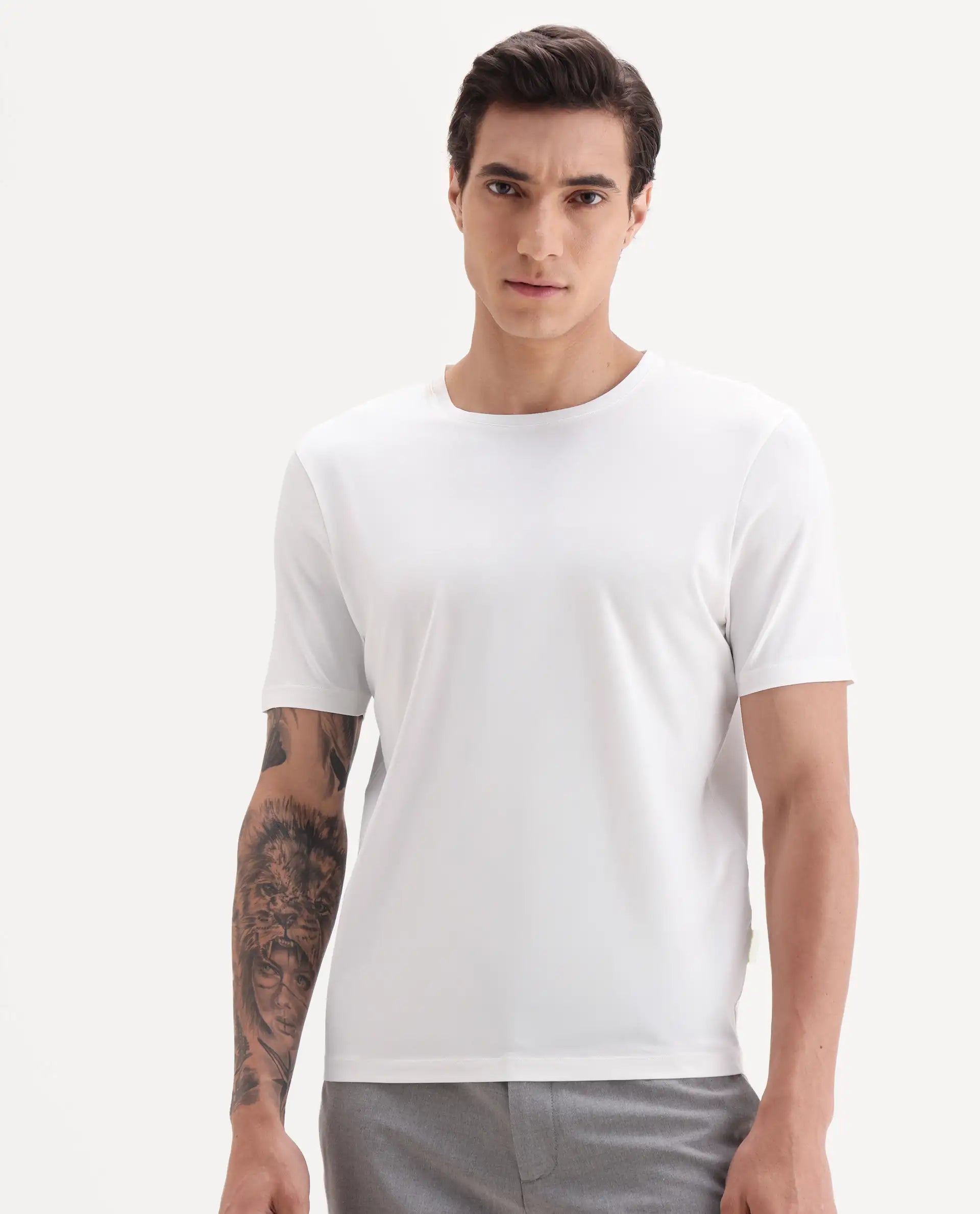Rare Rabbit Men's Veltra Off White Modal Blend Plain Regular Fit Half Sleeve Crew Neck T-Shirt