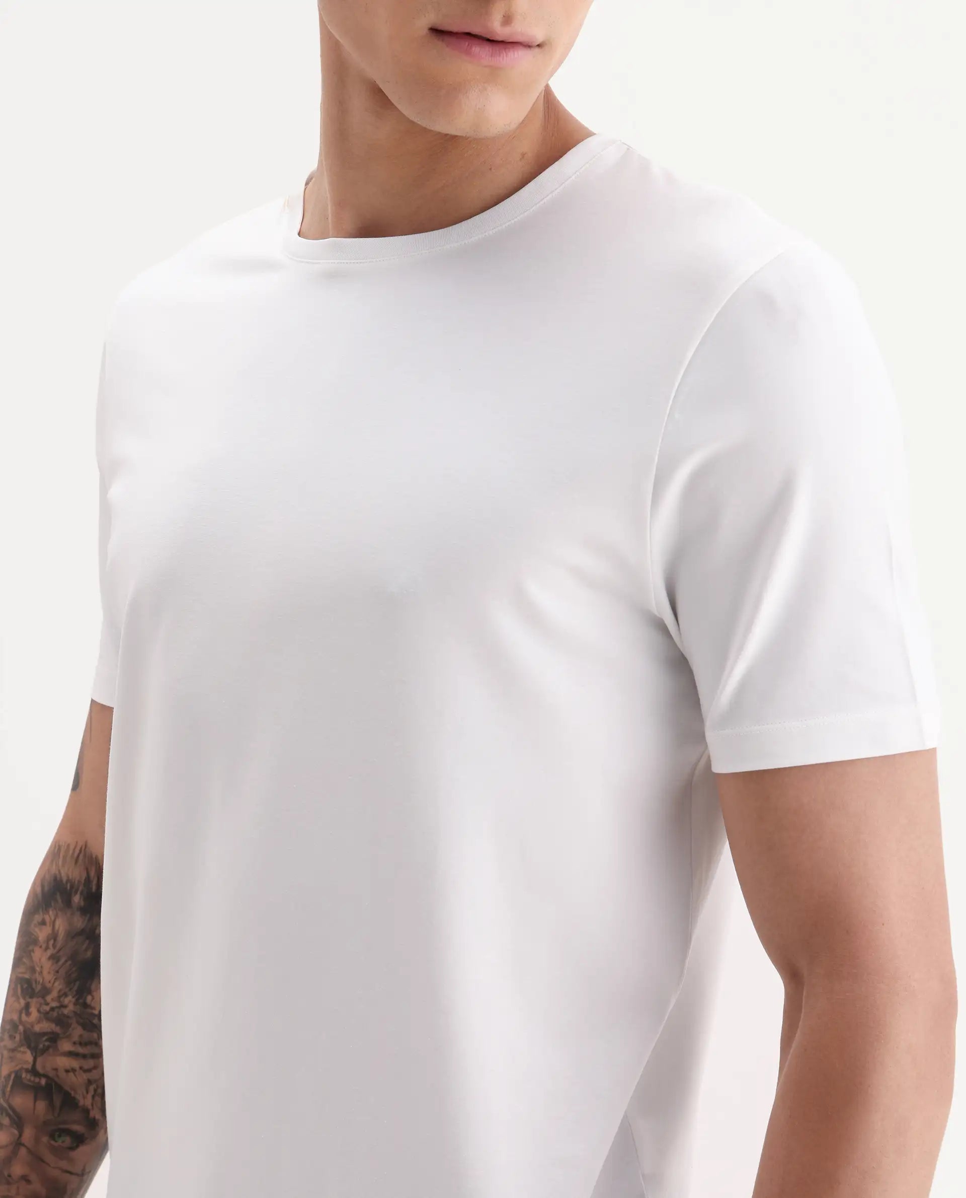 Rare Rabbit Men's Veltra Off White Modal Blend Plain Regular Fit Half Sleeve Crew Neck T-Shirt