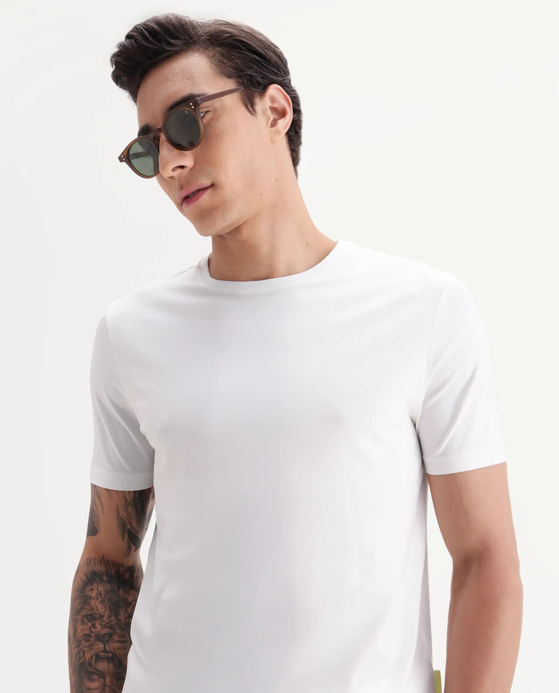 Rare Rabbit Men's Veltra Off White Modal Blend Plain Regular Fit Half Sleeve Crew Neck T-Shirt