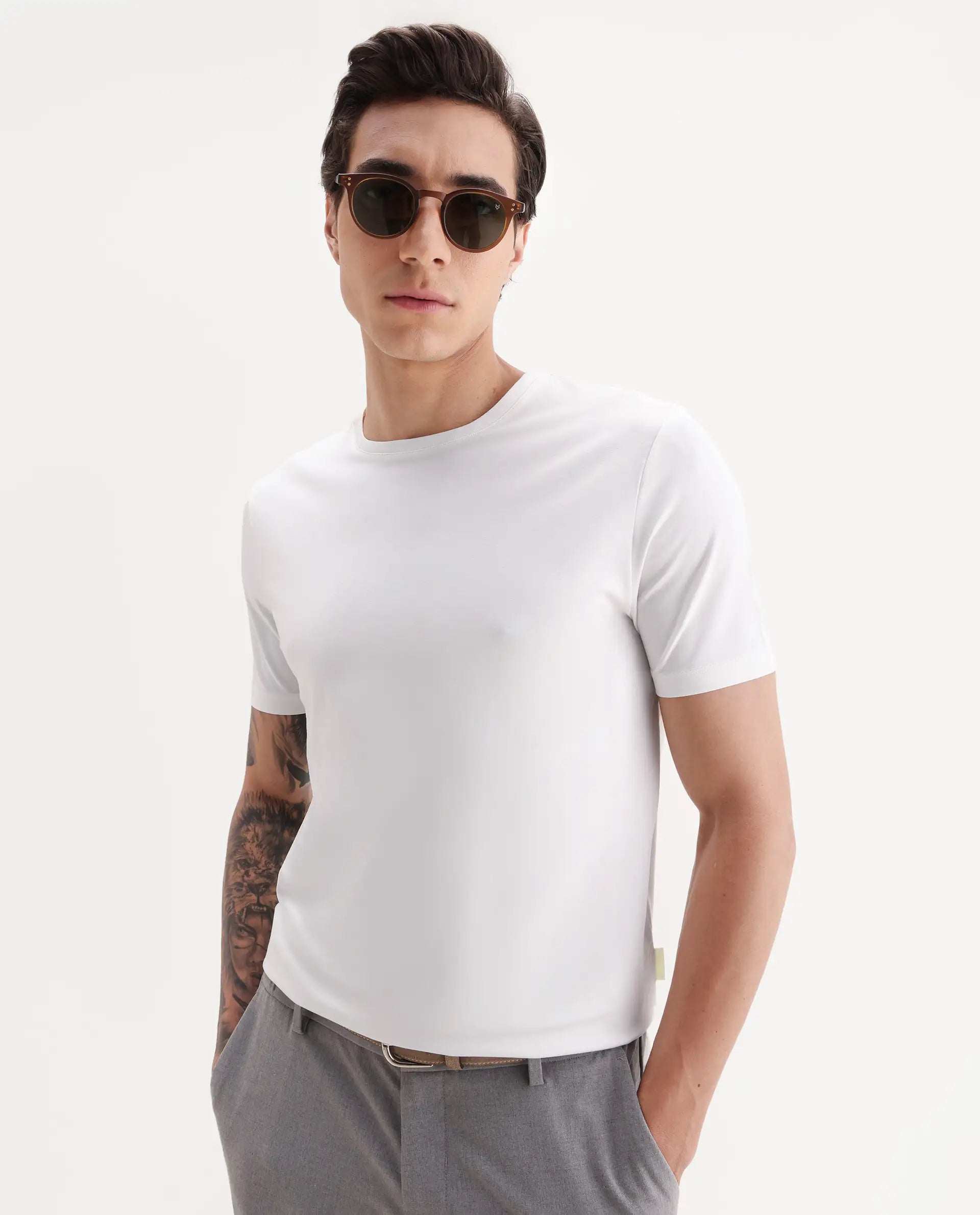 Rare Rabbit Men's Veltra Off White Modal Blend Plain Regular Fit Half Sleeve Crew Neck T-Shirt