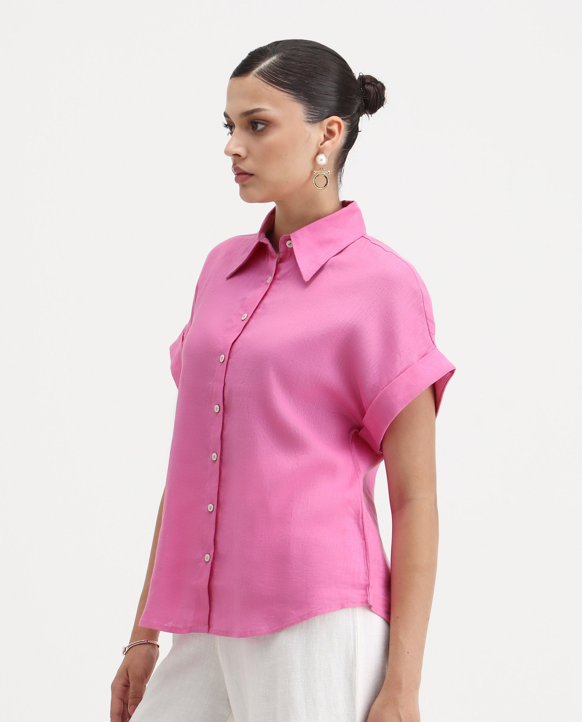 Rareism Women's Venezuela Light Pink Cotton Blend Drop Collar Plain Extended Sleeves Relaxed Fit Shirt
