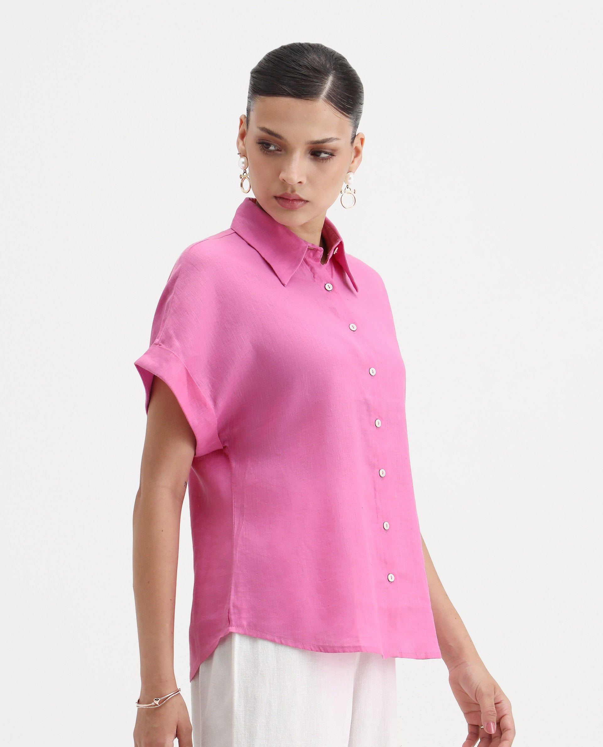 Rareism Women's Venezuela Light Pink Cotton Blend Drop Collar Plain Extended Sleeves Relaxed Fit Shirt