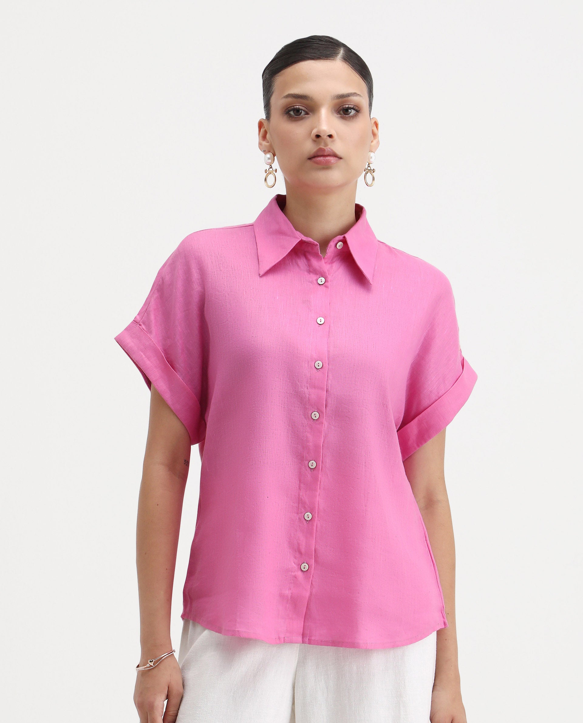 Rareism Women's Venezuela Light Pink Cotton Blend Drop Collar Plain Extended Sleeves Relaxed Fit Shirt