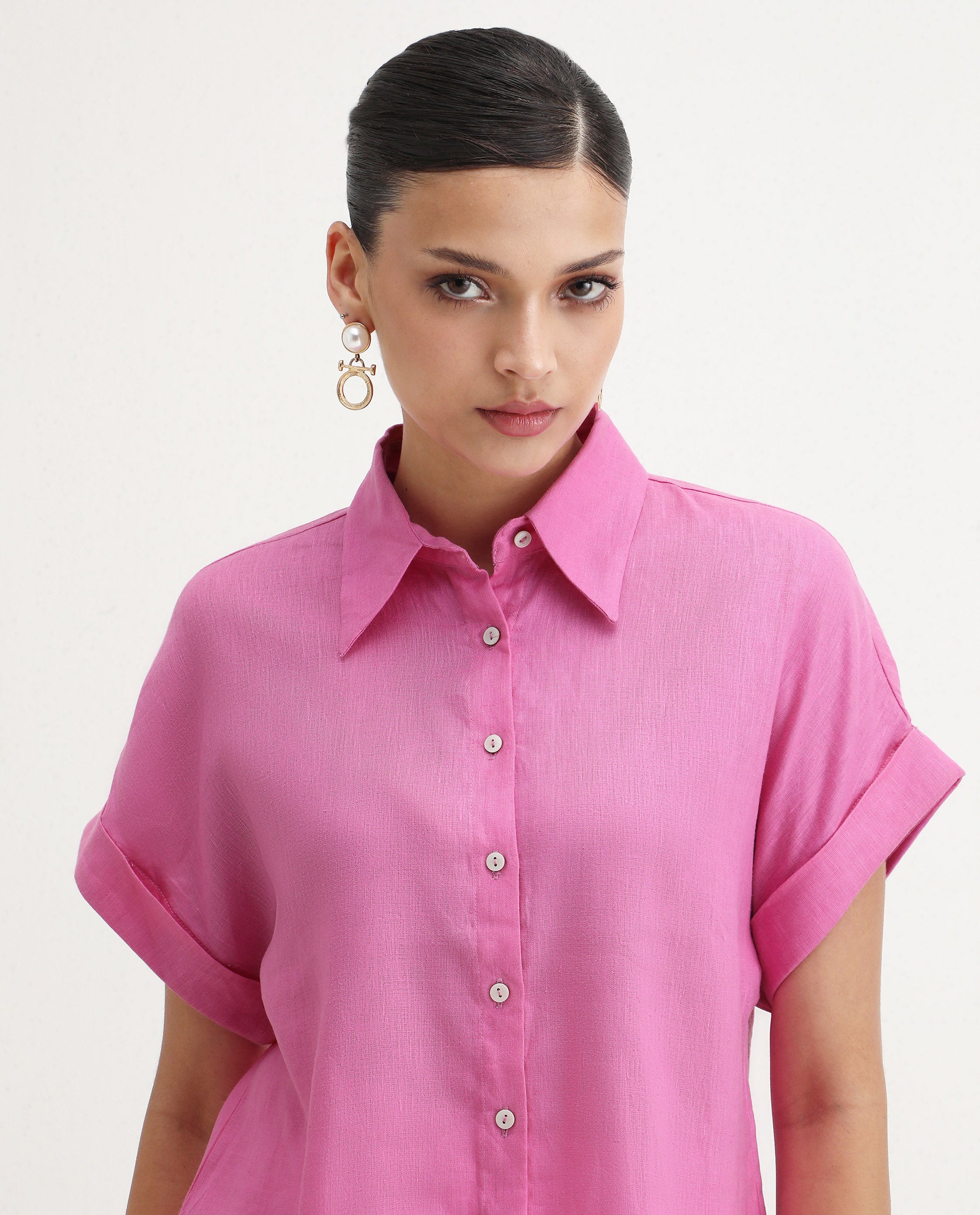 Rareism Women's Venezuela Light Pink Cotton Blend Drop Collar Plain Extended Sleeves Relaxed Fit Shirt