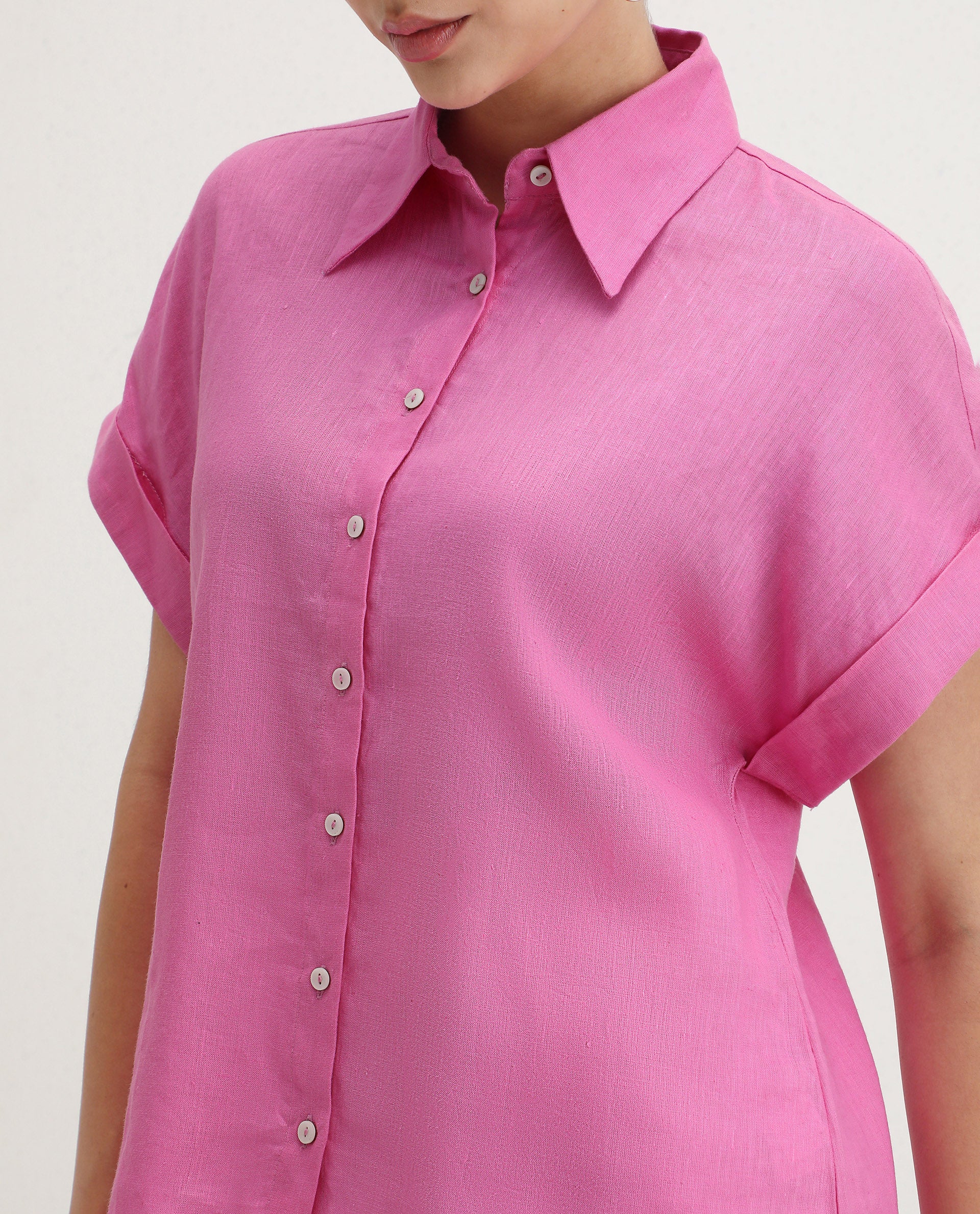 Rareism Women's Venezuela Light Pink Cotton Blend Drop Collar Plain Extended Sleeves Relaxed Fit Shirt