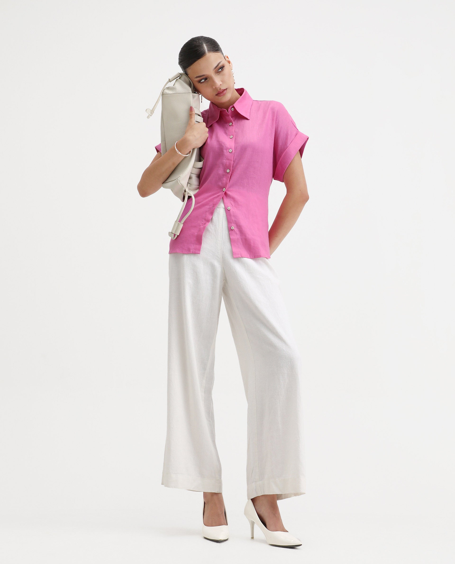 Rareism Women's Venezuela Light Pink Cotton Blend Drop Collar Plain Extended Sleeves Relaxed Fit Shirt
