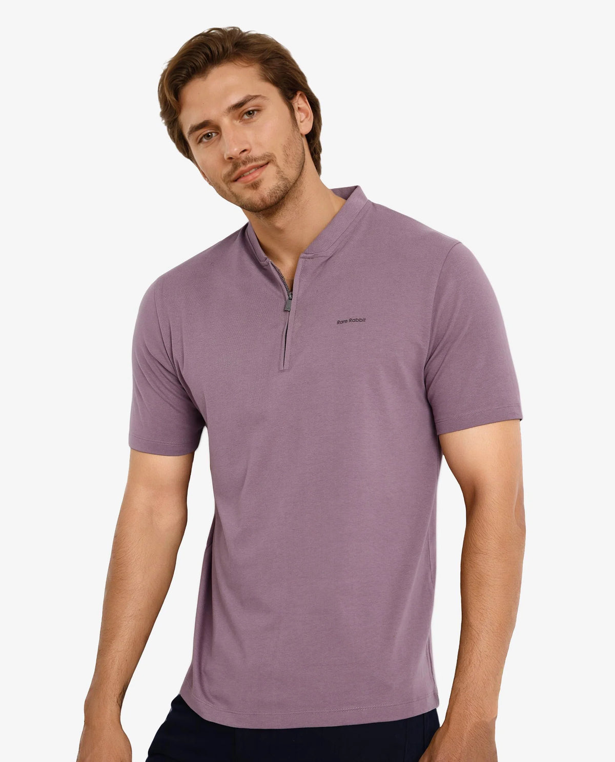 Rare Rabbit Men Veno Dusky Purple Cotton Blend Fabric Short Sleeve Mandarin Collar Plain Polo