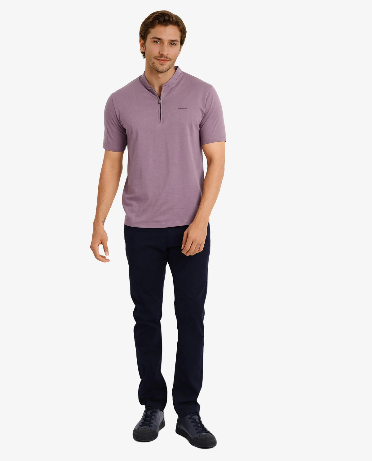 Rare Rabbit Men Veno Dusky Purple Cotton Blend Fabric Short Sleeve Mandarin Collar Plain Polo