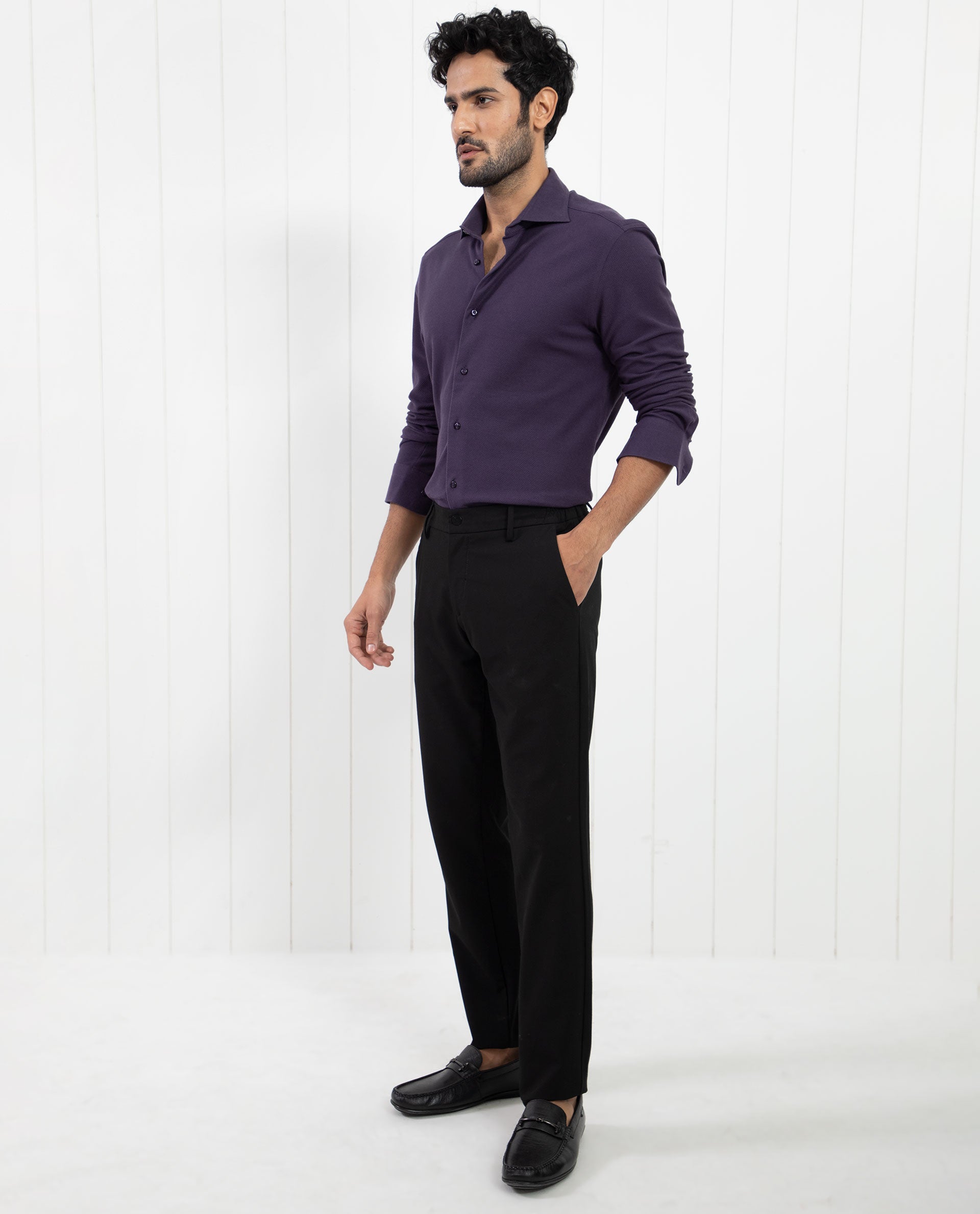 Rare Rabbit Men's Venziya Dark Purple Cotton Fabric Full Sleeves Solid Knitted Shirt