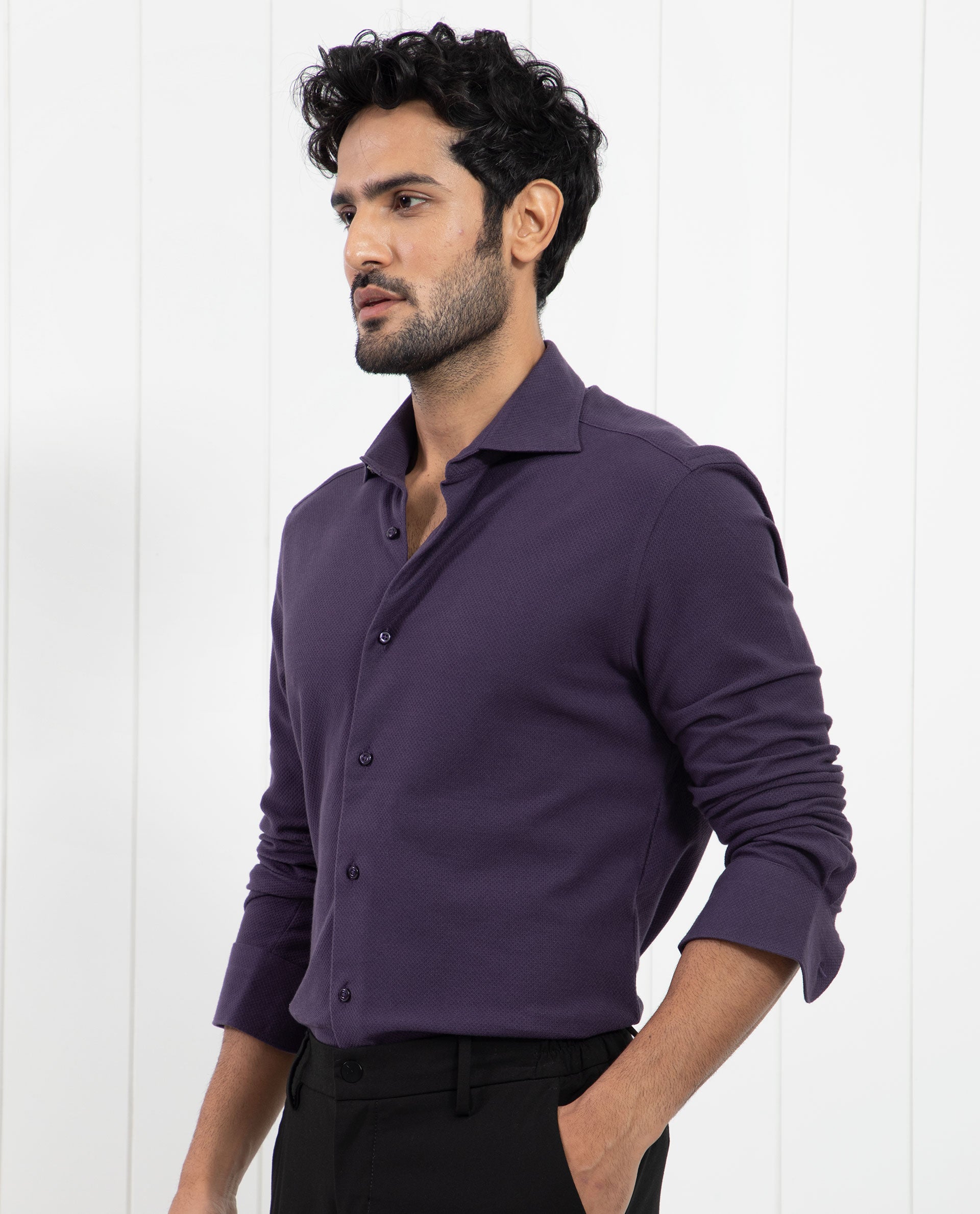 Rare Rabbit Men's Venziya Dark Purple Cotton Fabric Full Sleeves Solid Knitted Shirt