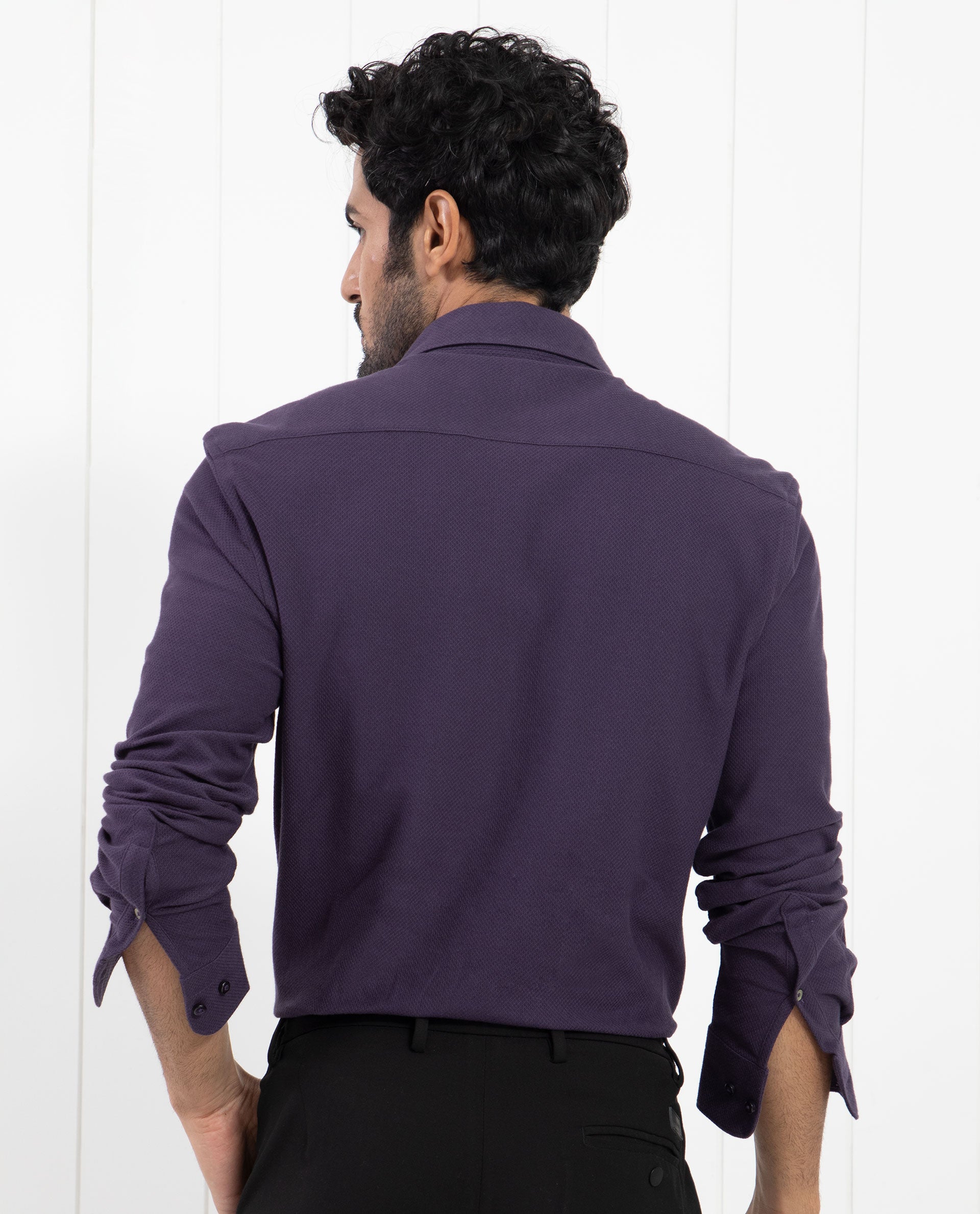 Rare Rabbit Men's Venziya Dark Purple Cotton Fabric Full Sleeves Solid Knitted Shirt