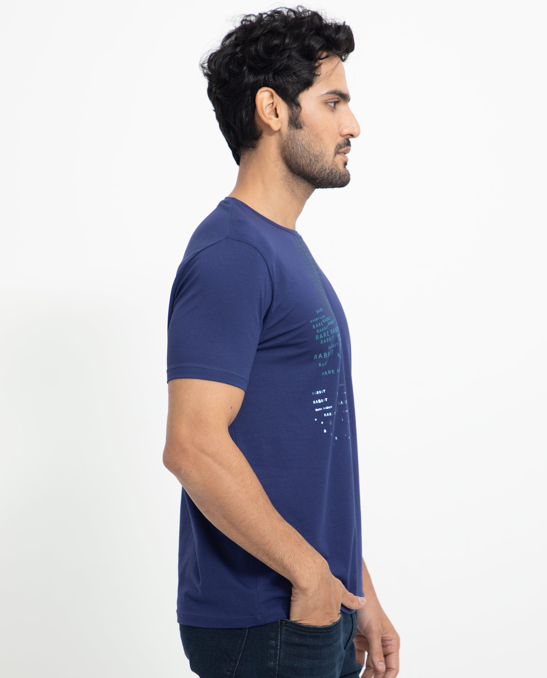 Rare Rabbit Men's Viras Blue Cotton Lycra Fabric Crew Neck Half Sleeves Regular Fit Graphic Print Branding T-Shirt