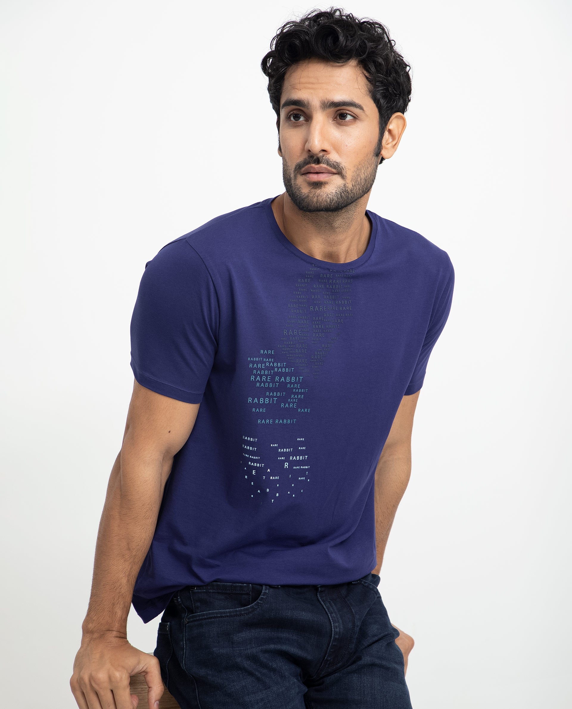 Rare Rabbit Men's Viras Blue Cotton Lycra Fabric Crew Neck Half Sleeves Regular Fit Graphic Print Branding T-Shirt