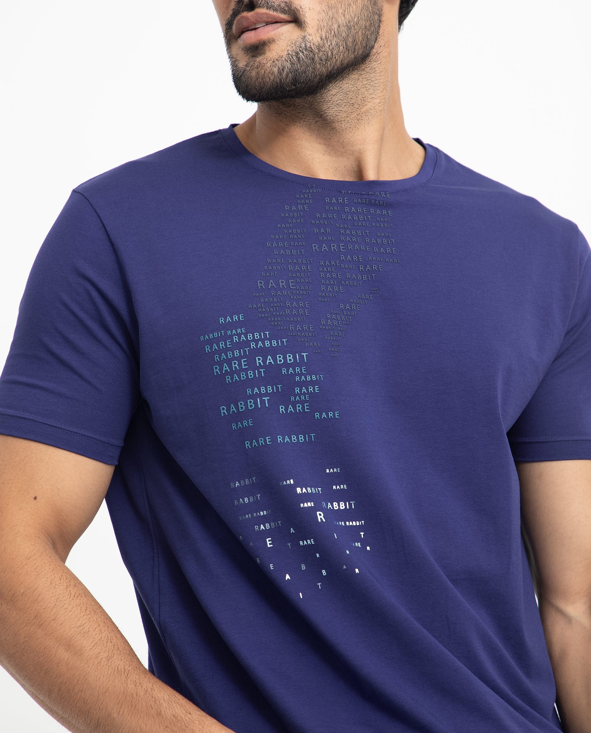Rare Rabbit Men's Viras Blue Cotton Lycra Fabric Crew Neck Half Sleeves Regular Fit Graphic Print Branding T-Shirt