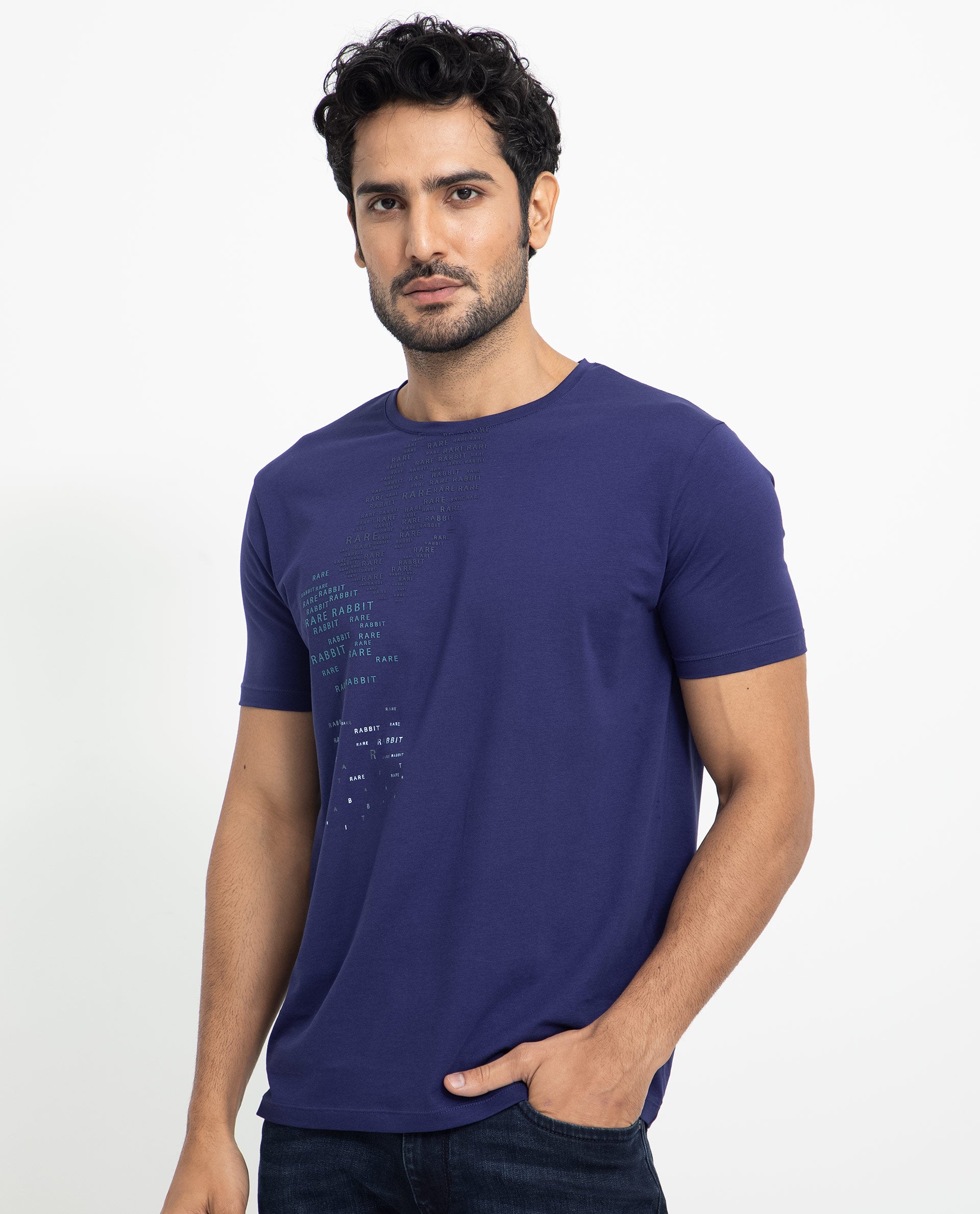 Rare Rabbit Men's Viras Blue Cotton Lycra Fabric Crew Neck Half Sleeves Regular Fit Graphic Print Branding T-Shirt