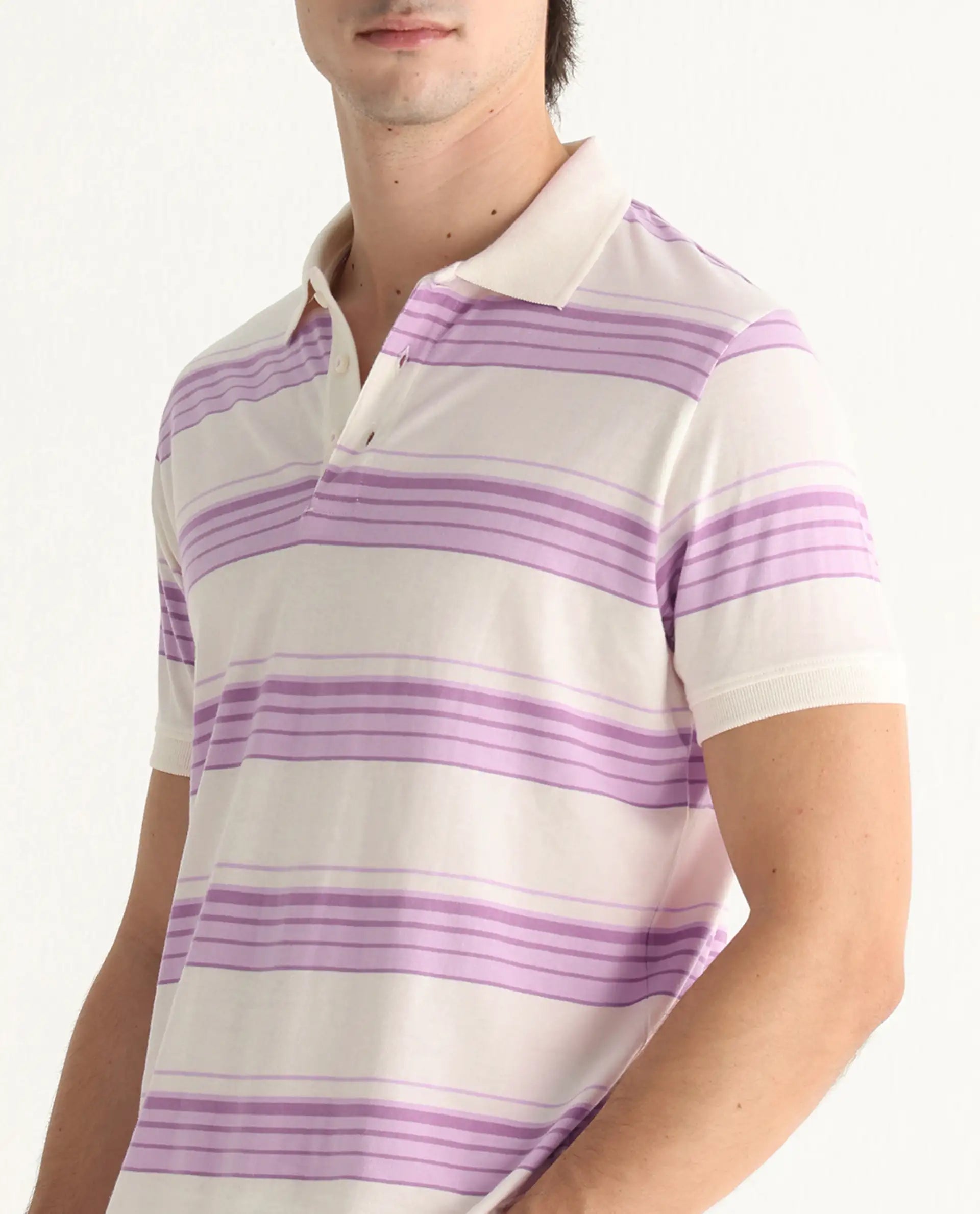 Rare Rabbit Men's Verdun Beige Cotton Striped Print Regular Fit Half Sleeve Polo