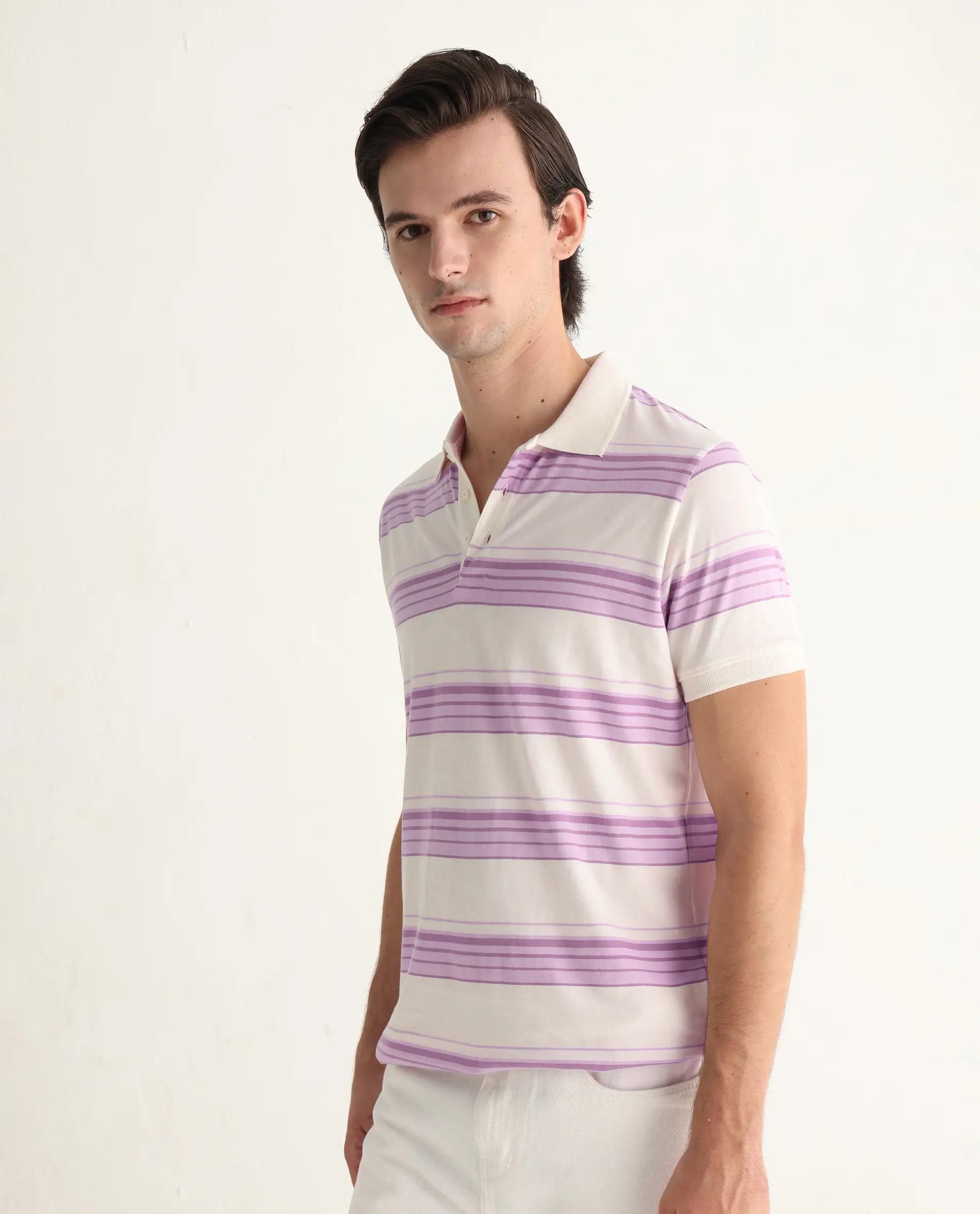 Rare Rabbit Men's Verdun Beige Cotton Striped Print Regular Fit Half Sleeve Polo