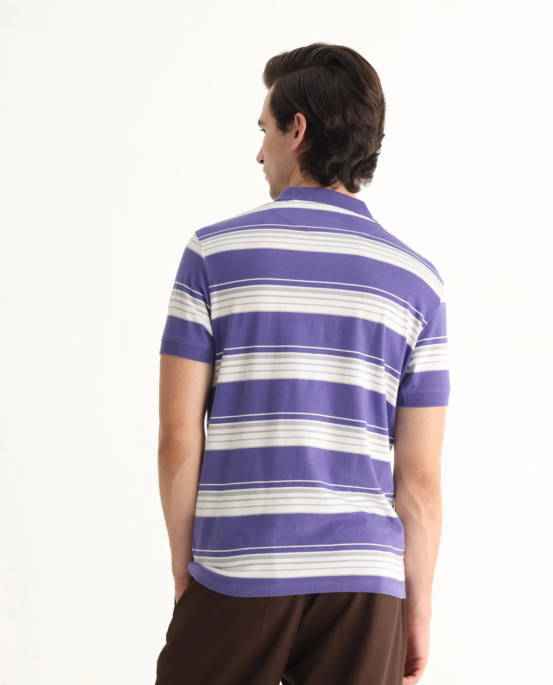 Rare Rabbit Men's Verdun Dark Purple Cotton Striped Print Regular Fit Half Sleeve Polo