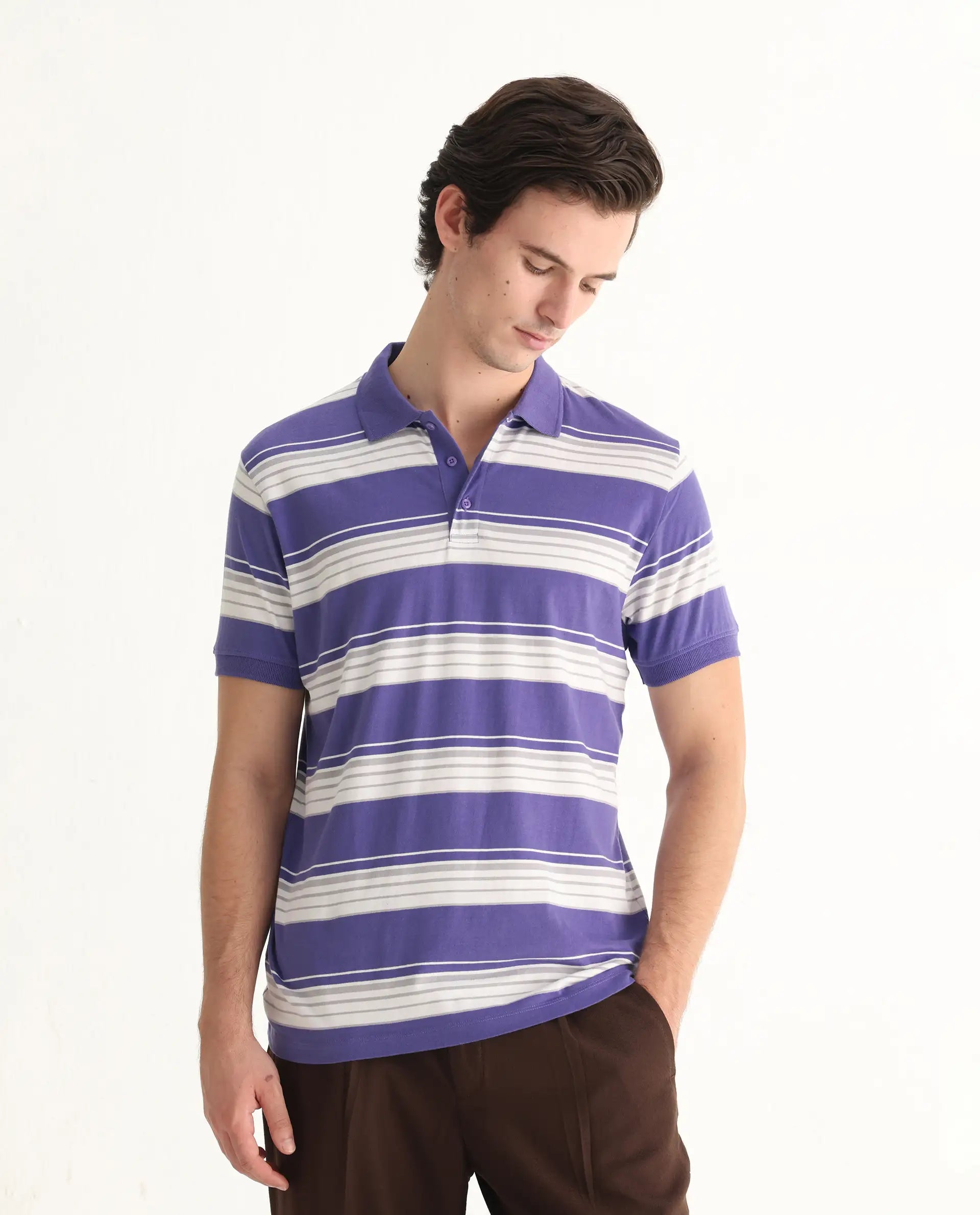 Rare Rabbit Men's Verdun Dark Purple Cotton Striped Print Regular Fit Half Sleeve Polo