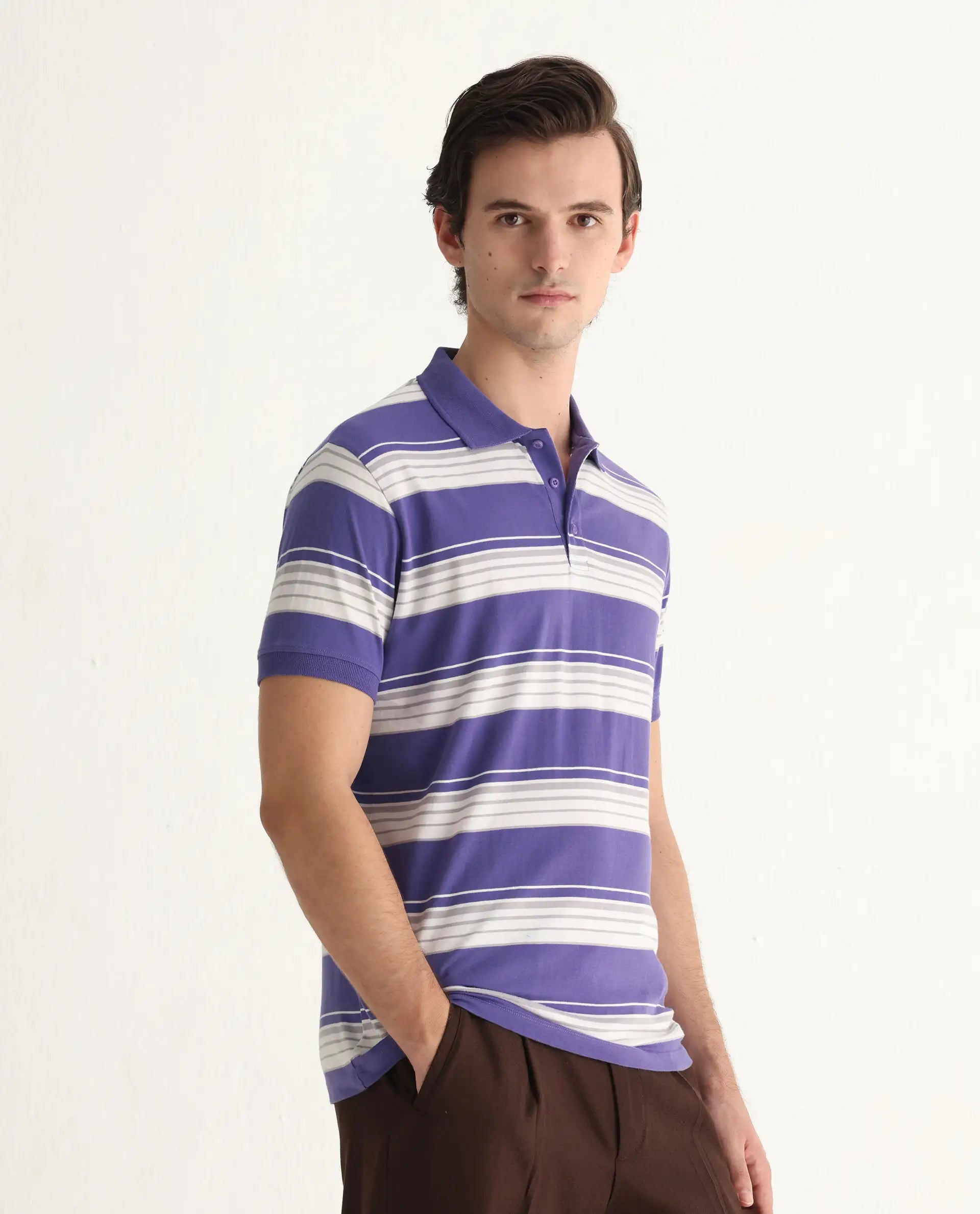 Rare Rabbit Men's Verdun Dark Purple Cotton Striped Print Regular Fit Half Sleeve Polo