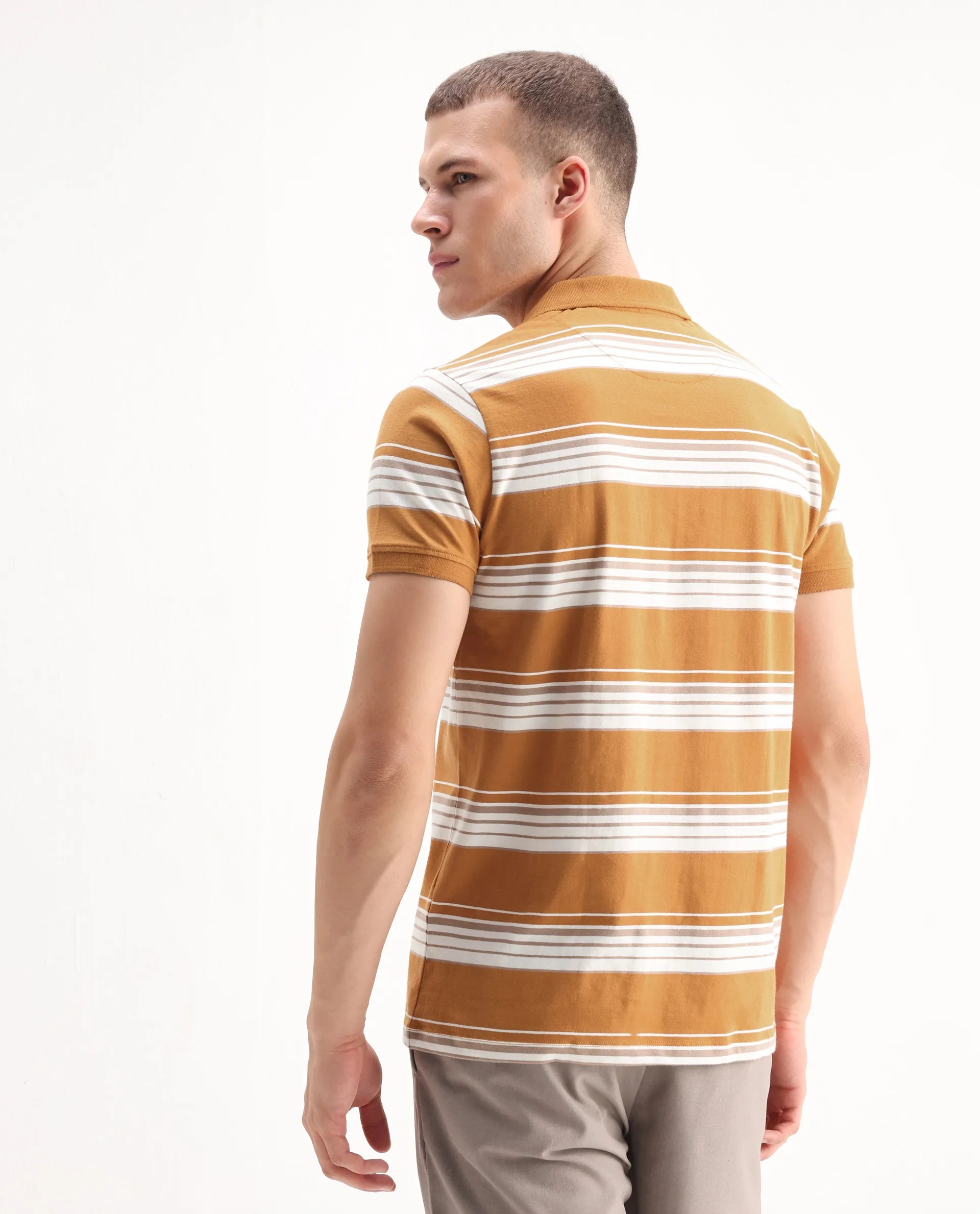 Rare Rabbit Men's Verdun Orange Cotton Striped Print Regular Fit Half Sleeve Polo