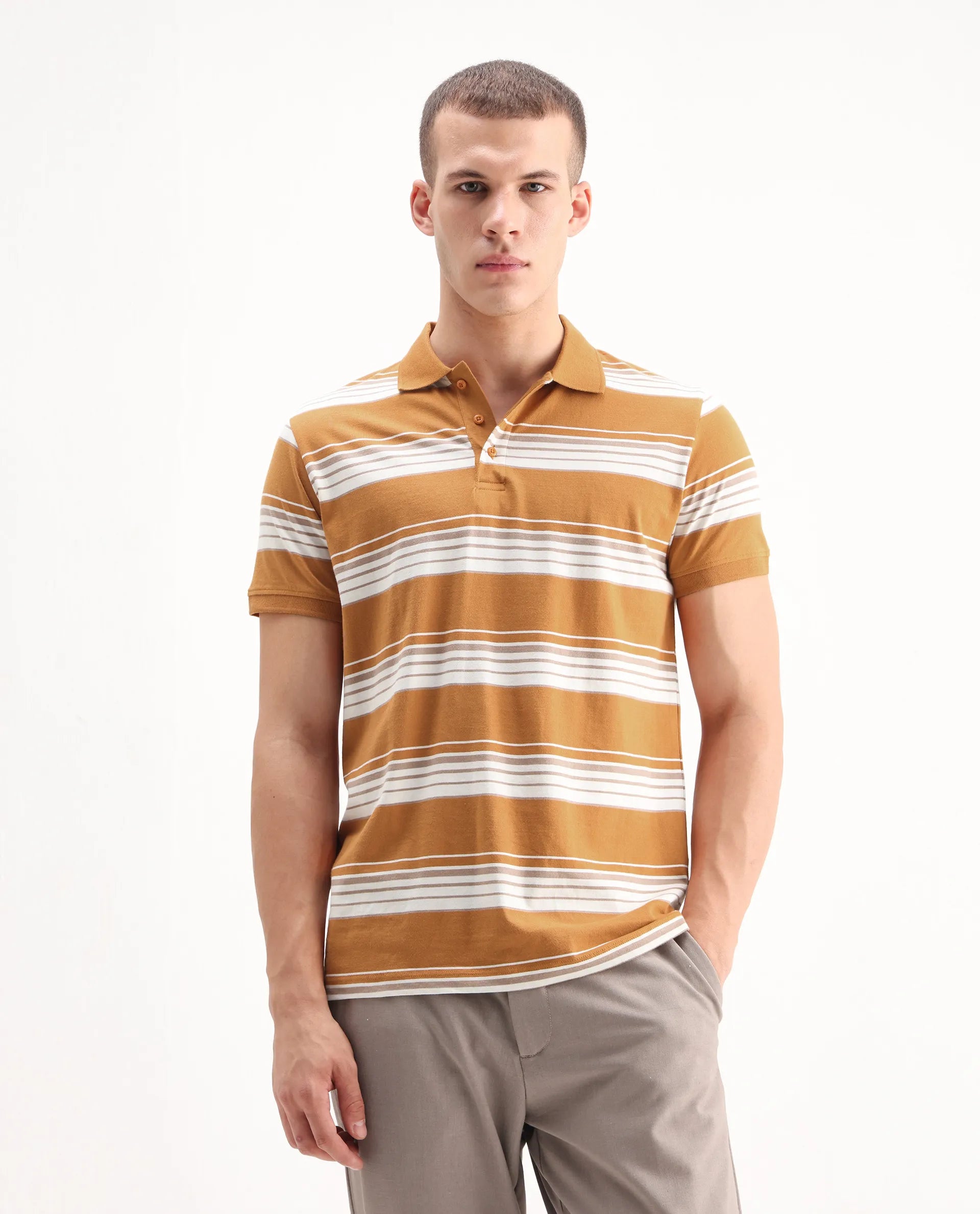 Rare Rabbit Men's Verdun Orange Cotton Striped Print Regular Fit Half Sleeve Polo