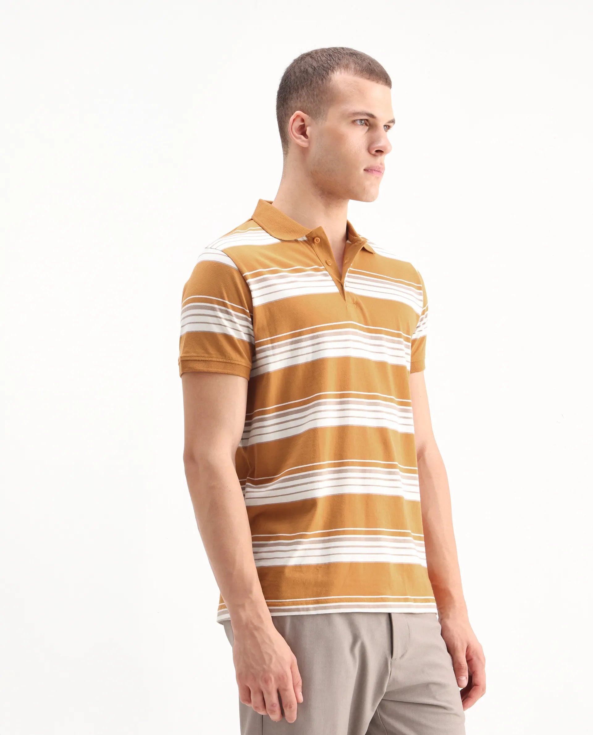 Rare Rabbit Men's Verdun Orange Cotton Striped Print Regular Fit Half Sleeve Polo