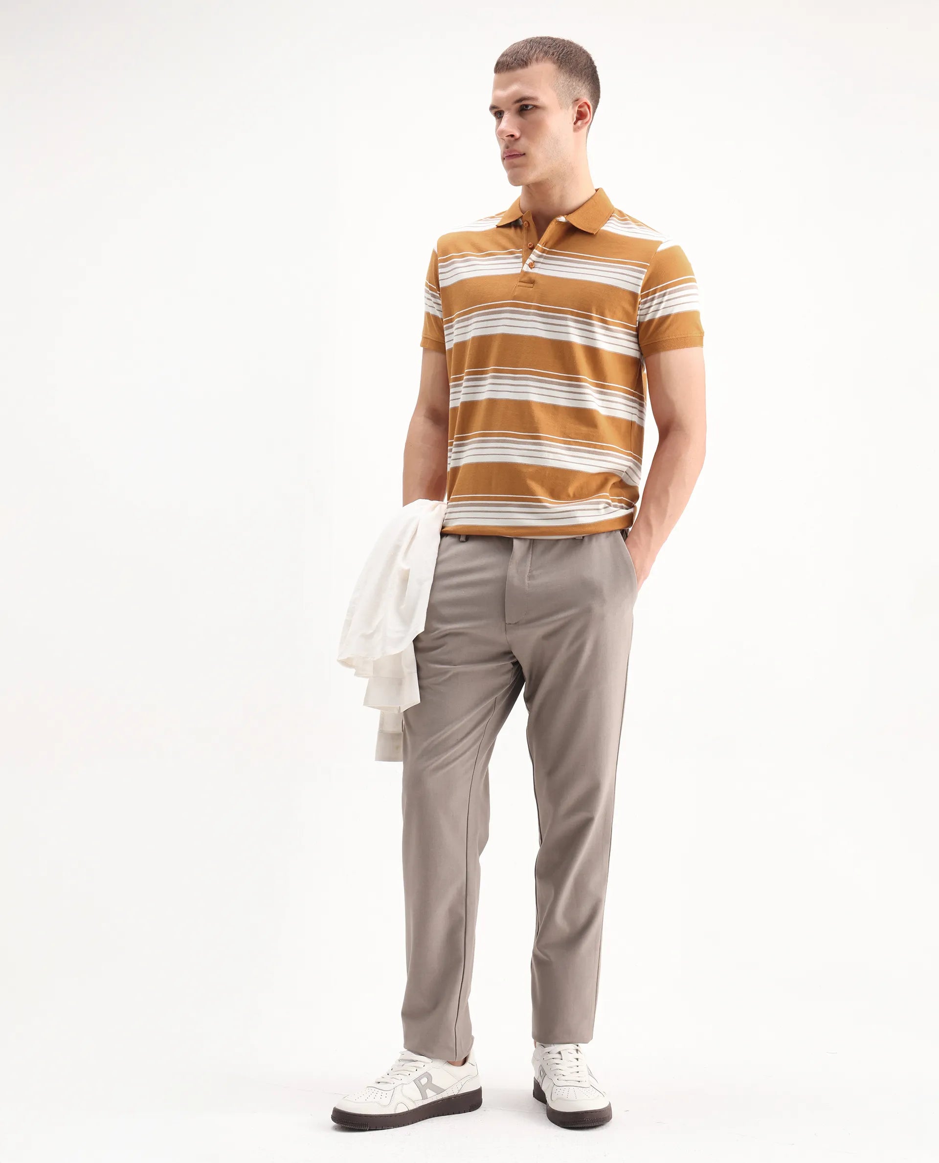 Rare Rabbit Men's Verdun Orange Cotton Striped Print Regular Fit Half Sleeve Polo